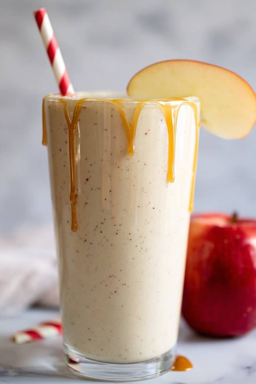 A tall clear glass filled with a thick light beige smoothie speckled with tiny dark dots. The top of the glass has caramel drizzle running down the inside edge in thin streams. A red and white striped straw is inside the glass on the left side. A half yellow apple slice is placed on the rim of the glass to the right as decoration. In the background, there is a whole red apple and a white marbled surface. Photo taken with an iphone --ar 2:3 --v 7 - Caramel Apple Cider Reduction Shake, fall flavored ice cream drink, autumn caramel apple shake, spiced apple cider dessert, salted caramel apple shake