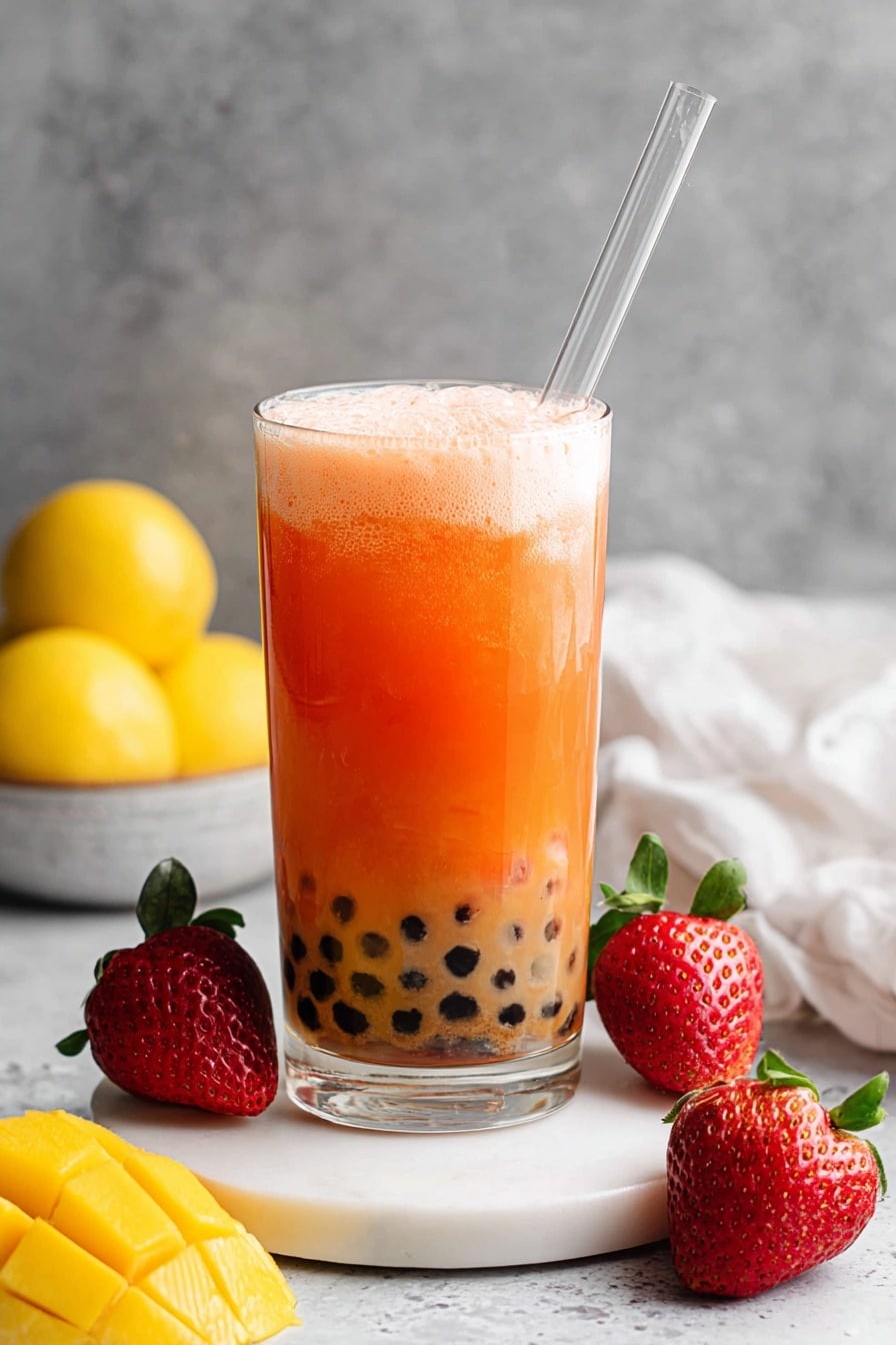 The image shows two side-by-side scenes: on the left, a clear blender jar with visible measurement marks contains layers of whole yellow mango chunks on top, red strawberries in the middle, and a white liquid base at the bottom, all against a white marbled textured background. On the right, a clear glass filled with a cloudy pinkish-orange fruit smoothie with small red bits at the bottom and a swirl of white cream or yogurt on top, holds a clear straw; the glass sits on a white coaster with bright orange mango pieces and red strawberries surrounding it on the same white marbled textured surface. Photo taken with an iphone --ar 2:3 --v 7 - Boba Smoothie with Bursting Pearls and Frozen Fruit, refreshing boba smoothie, fruit and pearl blended drink, quick summer smoothie with boba, fun bubble tea-inspired drink
