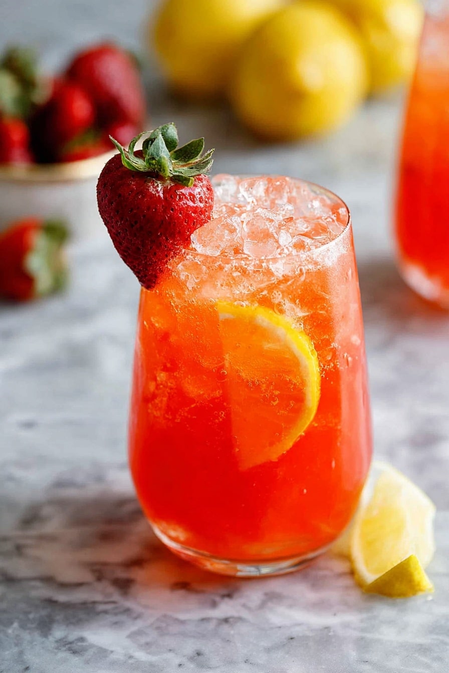 A clear glass filled with a bright red-orange drink that has crushed ice filling the top half and some ice floating throughout. Inside the drink near the bottom is a thin slice of lemon peeking through the liquid. On the rim of the glass, there is a fresh whole strawberry with its green leaves and a small wedge of lemon resting beside it. The glass sits on a white marbled surface, with blurred strawberries and whole lemons in the soft background. photo taken with an iphone --ar 2:3 --v 7 - Strawberry Lemonade, homemade strawberry lemonade, refreshing summer drink, easy lemonade recipe, fruity lemon beverage
