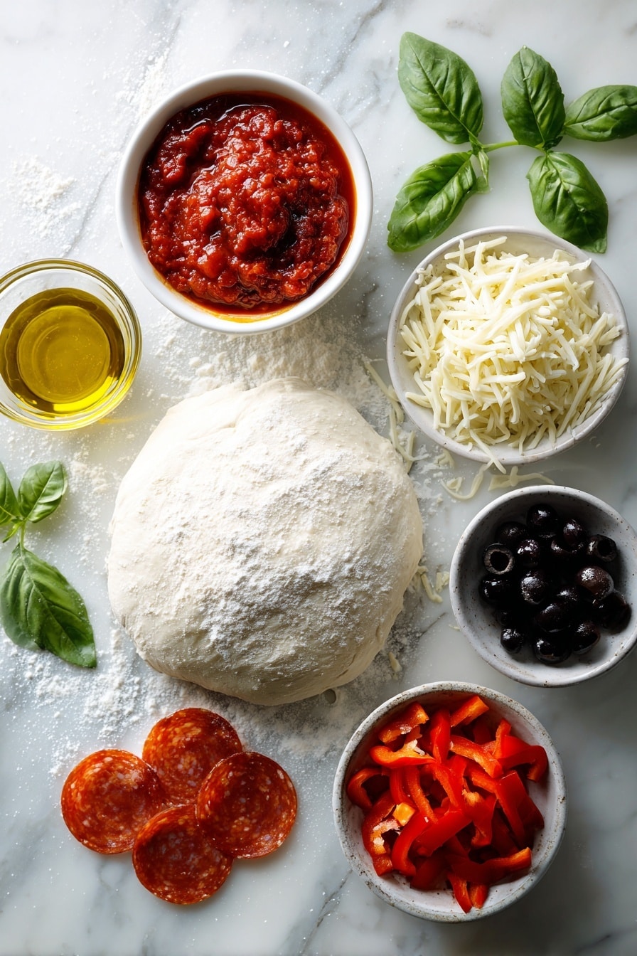 Flat lay of a soft ball of homemade pizza dough dusted lightly with flour, a small bowl spilling vibrant red pizza sauce, a generous mound of shredded mozzarella cheese, fresh sliced pepperoni, bright green basil leaves, sliced black olives, diced red bell peppers, and a small glass container of golden olive oil, all beautifully arranged on a white marble surface, photo taken with an iphone --ar 2:3 --v 7 - 20-Minute Air Fryer Calzones, quick air fryer calzones, cheesy calzones in 20 minutes, easy air fryer recipes, kid-friendly calzone ideas
