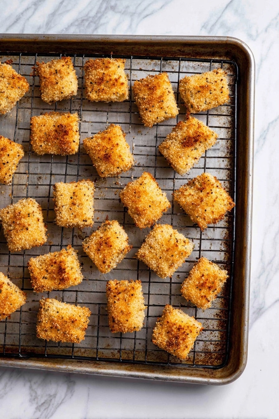 The image shows a metal bake tray with a wire rack inside, placed on a white marbled surface. On the wire rack, there are small, square-shaped pieces of baked food, each with a golden-brown, slightly crispy texture and some darker spots. The squares have a breadcrumb coating that looks crunchy and seasoned, evenly spaced but some slightly tilted or overlapping. The wire rack has a dark patina and some baked-on marks around the edges. photo taken with an iphone --ar 2:3 --v 7 - Baked Toasted Ravioli, Italian appetizer with marinara and parmesan, crispy baked pasta bites, easy baked ravioli dip, homemade baked ravioli snack