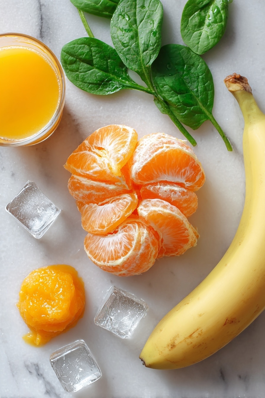 Flat lay of a peeled medium orange with bright segments, a handful of fresh green spinach leaves, a half of a ripe banana with its creamy yellow peel, several clear ice cubes, and a small glass of whole milk, alongside a small scoop of vibrant orange frozen juice concentrate, all beautifully arranged with soft natural light, placed on a white marble surface, photo taken with an iphone --ar 2:3 --v 7 - Green Orange Julius Smoothie, healthy green orange smoothie, citrus spinach smoothie, quick nutritious smoothie, vegan orange smoothie