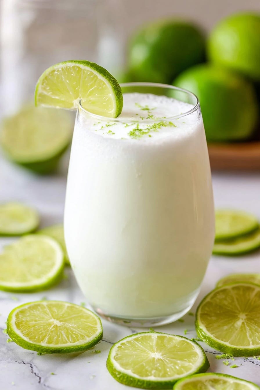 A tall clear glass filled with a creamy white lime drink shows a smooth, frothy texture on top. A thin, bright green lime wedge is placed on the rim of the glass on the left side. Small green lime zest bits are sprinkled on the foam surface. The glass sits on a white marbled surface, surrounded by several round lime slices with bright green skin and light green inside, along with whole green limes in the background that are softly out of focus. The scene has a fresh and cool feel. Photo taken with an iphone --ar 2:3 --v 7 - Brazilian Limeade Brazilian Lemonade, refreshing limeade recipe, easy Brazilian drink, summer citrus beverage, creamy lime beverage