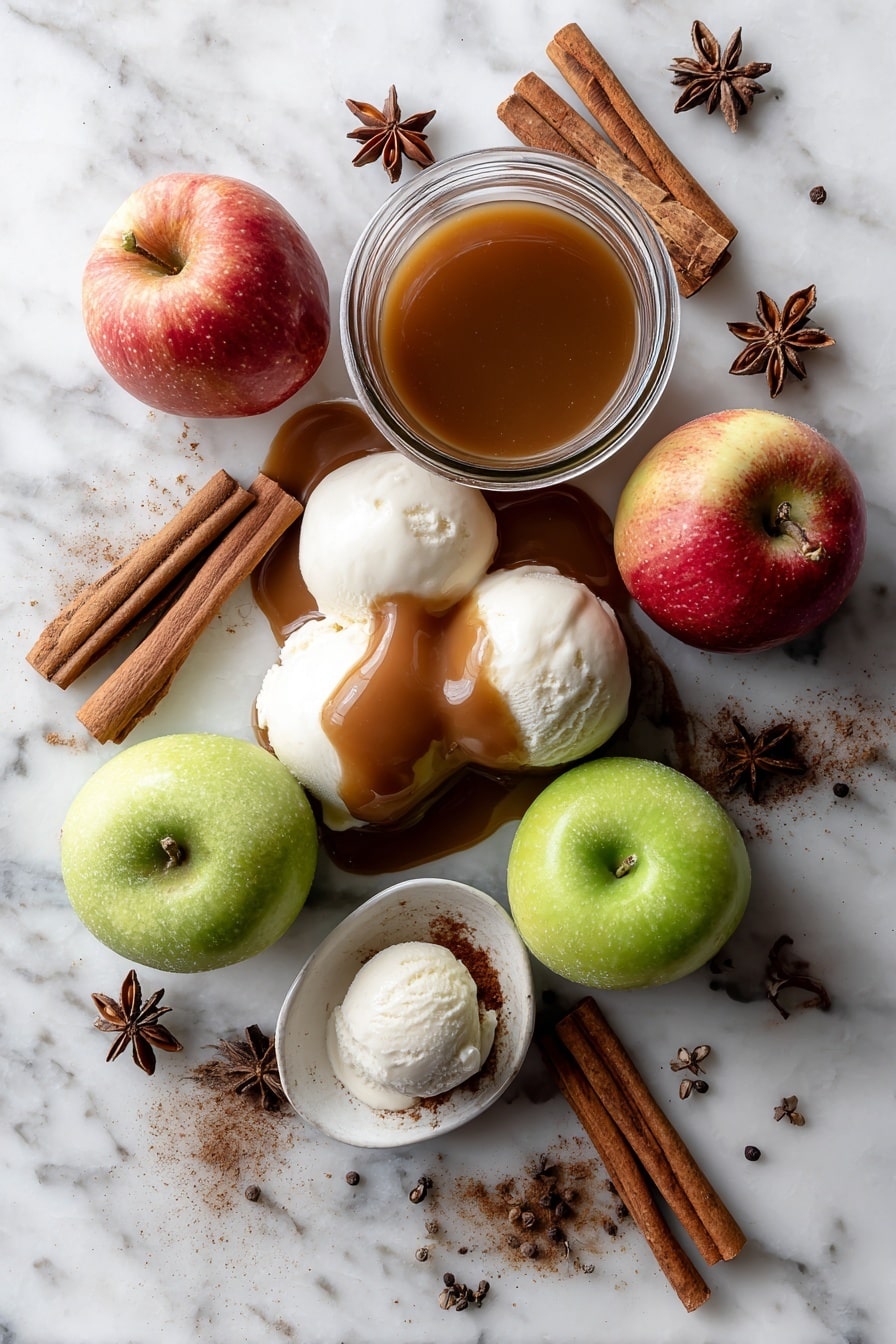 Flat lay of rich salted caramel sauce in a small drizzle, smooth vanilla ice cream scoops melting slightly, golden spiced apple cider in a glass jar, cinnamon sticks, fresh whole apples with red and green skin, star anise pods, and a sprinkle of ground nutmeg and cloves, all beautifully arranged on a white marble surface, photo taken with an iphone --ar 2:3 --v 7 - Caramel Apple Cider Reduction Shake, fall flavored ice cream drink, autumn caramel apple shake, spiced apple cider dessert, salted caramel apple shake