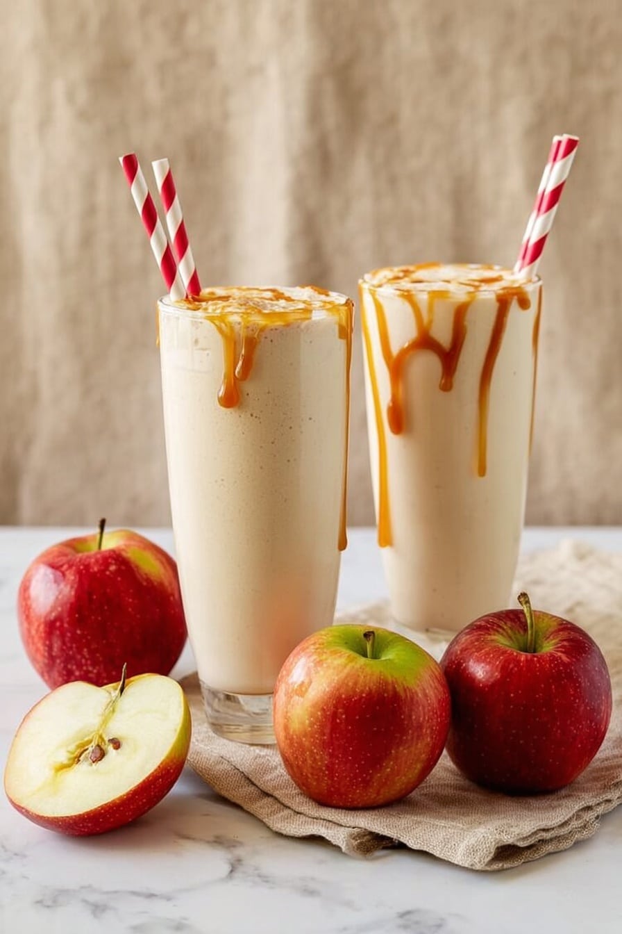 Two tall clear glasses filled with a light beige creamy drink, each topped with a drizzle of caramel sauce dripping down the inside edges of the glass. Two red and white striped straws stand upright in each glass. Next to the glasses lie four red apples with greenish-yellow patches; one apple is sliced in half showing its pale white inside and small brown seeds. The items are placed on a white marbled surface with a neutral beige cloth background. photo taken with an iphone --ar 2:3 --v 7 - Caramel Apple Cider Reduction Shake, fall flavored ice cream drink, autumn caramel apple shake, spiced apple cider dessert, salted caramel apple shake