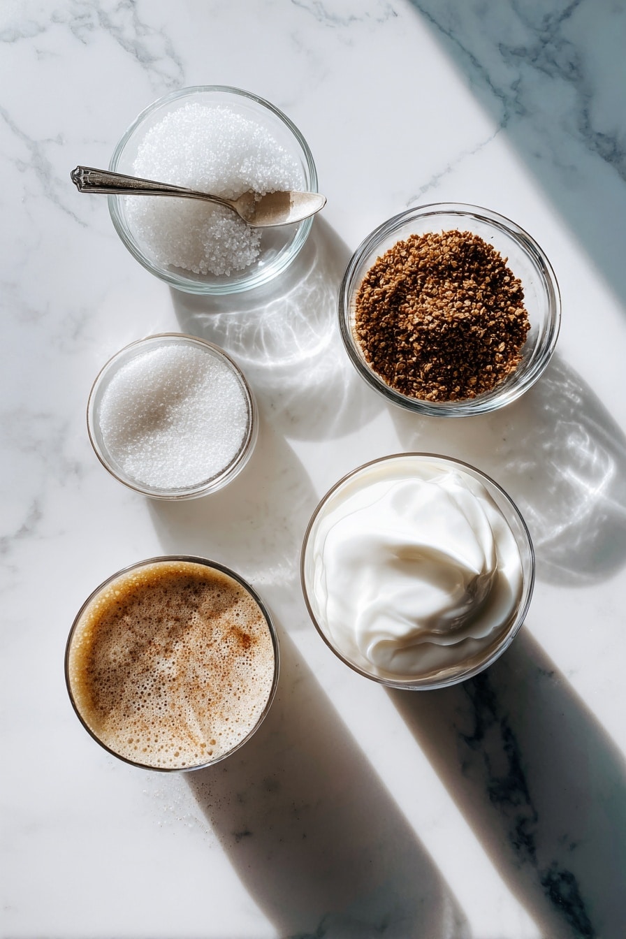Flat lay of instant coffee granules, white granulated sugar crystals, small clear dish of hot water steam rising, a dollop of light and fluffy whipped coffee foam, and a glass of cold milk with a creamy swirl on top, all beautifully arranged with natural soft shadows, placed on a white marble surface, photo taken with an iphone --ar 2:3 --v 7 - Dolgona Coffee, whipped coffee, whipped coffee recipe, creamy coffee topping, trendy coffee drinks