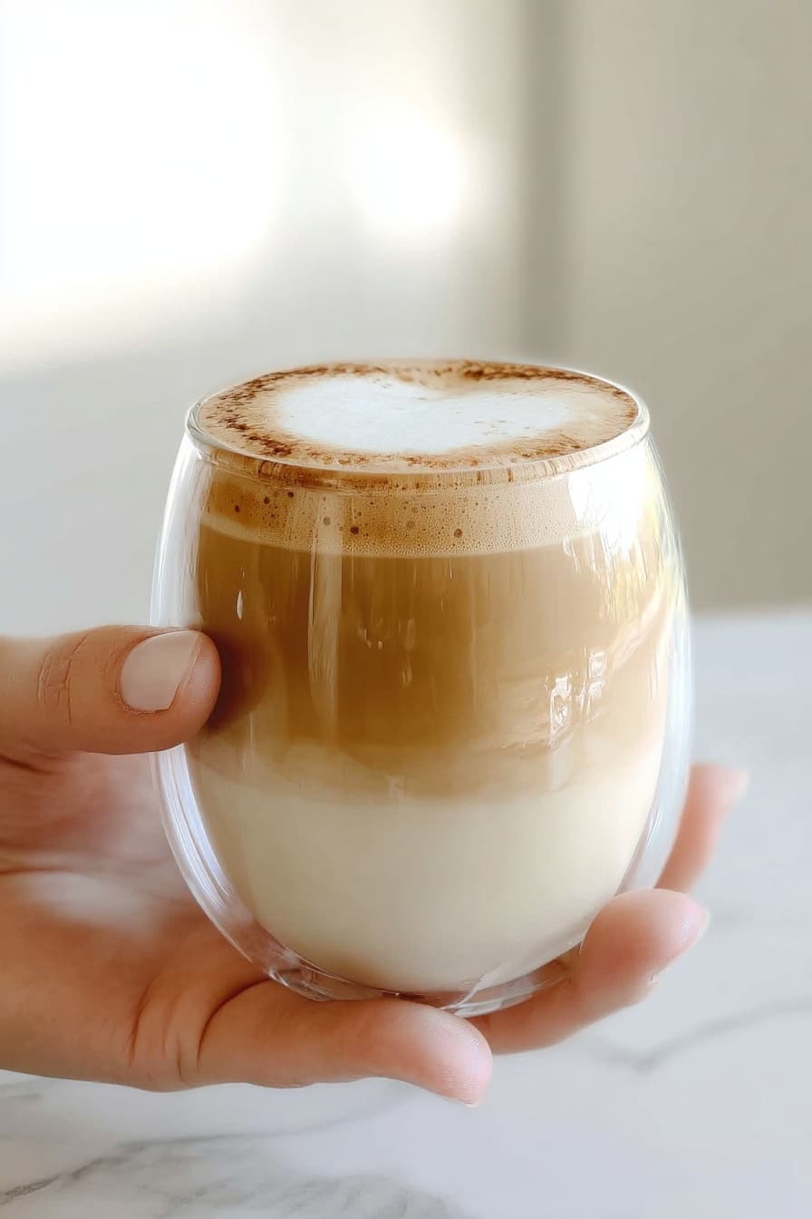 A clear rounded glass held by a woman's hand shows a creamy layered latte with three visible layers: a light brown coffee layer at the bottom, a thick white foam layer in the middle, and a thin frothy coffee layer on the top, with some coffee drips just below the rim. The background has a soft light with a white marbled texture surface. photo taken with an iphone --ar 2:3 --v 7 - Dolgona Coffee, whipped coffee, whipped coffee recipe, creamy coffee topping, trendy coffee drinks