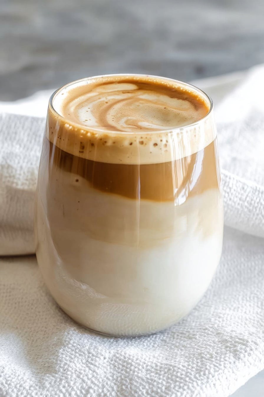 A clear glass filled with three visible layers: the bottom layer is light beige milk, the middle layer is a slightly lighter creamy milk foam mixing softly with the bottom, and the top layer is a light brown coffee froth with a smooth, swirled texture. The glass is placed on a white marbled surface with a white textured cloth underneath. The light creates a soft reflection on the glass, and the background is softly blurred. photo taken with an iphone --ar 2:3 --v 7 - Dolgona Coffee, whipped coffee, whipped coffee recipe, creamy coffee topping, trendy coffee drinks