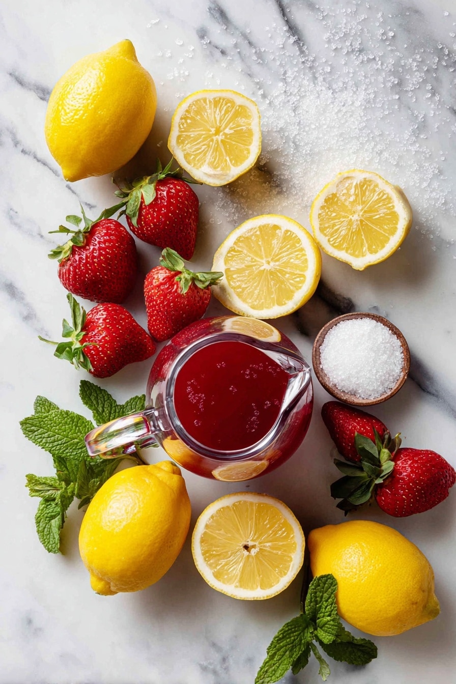 Flat lay of fresh ripe strawberries with stems removed, bright yellow lemons cut in halves and wedges, a small mound of granulated sugar crystals, a clear glass pitcher filled with deep red strawberry puree, fresh lemon juice droplets glistening, and a few sprigs of green mint leaves scattered around, all arranged beautifully on a white marble surface, photo taken with an iphone --ar 2:3 --v 7 - Strawberry Lemonade, homemade strawberry lemonade, refreshing summer drink, easy lemonade recipe, fruity lemon beverage