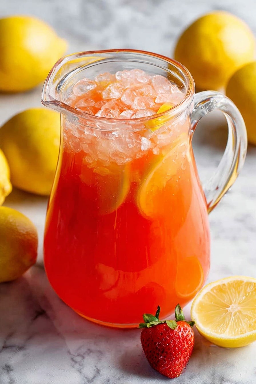 A clear glass pitcher filled with bright orange-red liquid, layered with small ice cubes floating on top and a few thin yellow lemon slices submerged near the surface. The pitcher has a sturdy handle on the right side and a wide spout. Around the pitcher, there are whole yellow lemons slightly out of focus, with a fresh red strawberry and a lemon slice placed on a white marbled surface in front of it. The colors look fresh and vibrant in natural light. photo taken with an iphone --ar 2:3 --v 7 - Strawberry Lemonade, homemade strawberry lemonade, refreshing summer drink, easy lemonade recipe, fruity lemon beverage