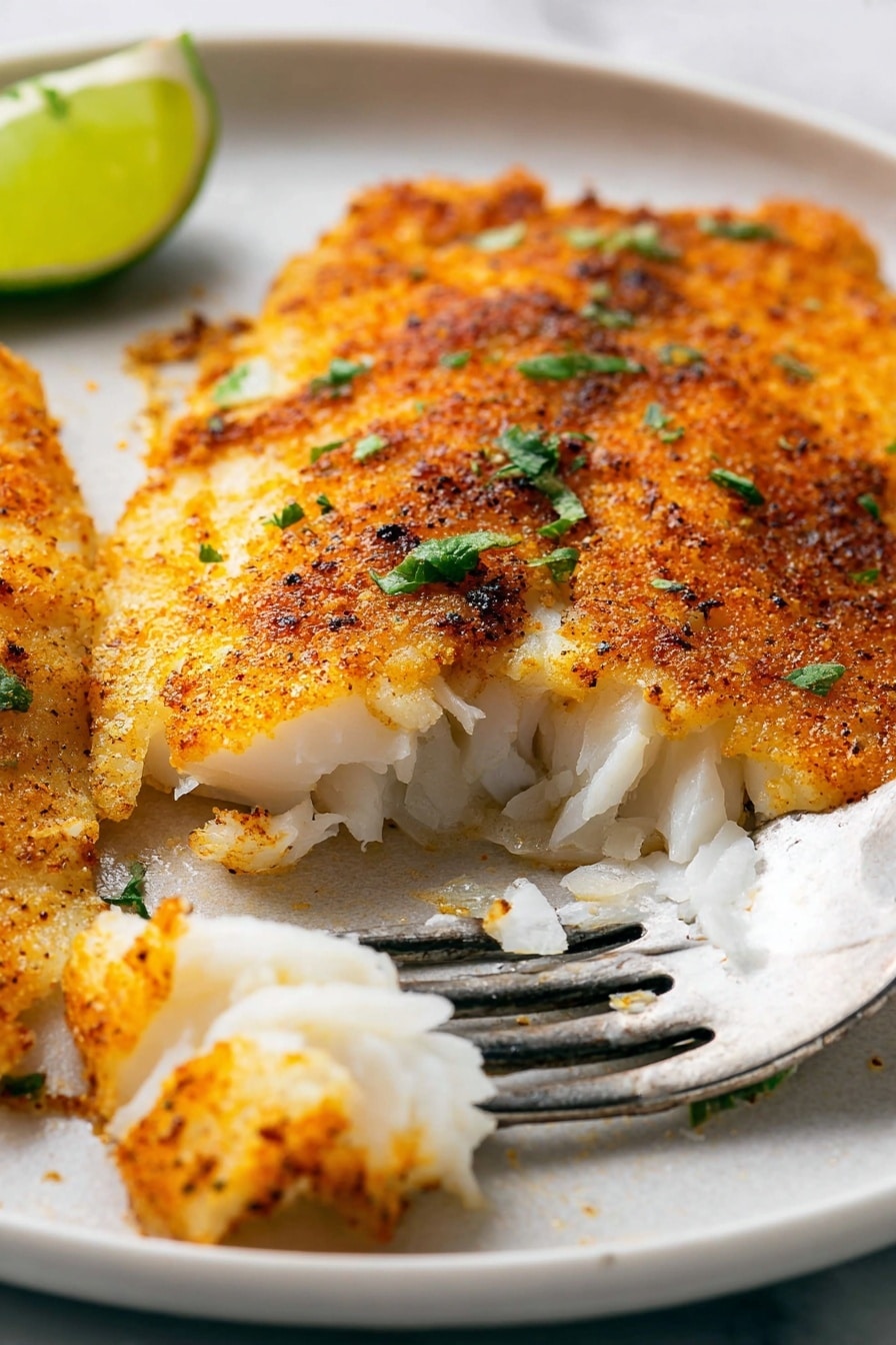 The image shows a close-up of two cooked fish fillets on a white plate, placed on a white marbled surface. The fillets have a golden brown crust with a slightly rough texture, sprinkled with dark spices and small green chopped herbs. One fillet is partially broken open, revealing soft, flaky white fish inside with visible layers separating gently. A metal fork presses into the fish flakes, pulling one piece away. In the top-left corner of the plate, a green lime wedge adds a pop of color. Photo taken with an iphone --ar 2:3 --v 7 - Air Fryer Tilapia, crispy tilapia, healthy seafood dinner, quick fish recipe, easy air fryer seafood