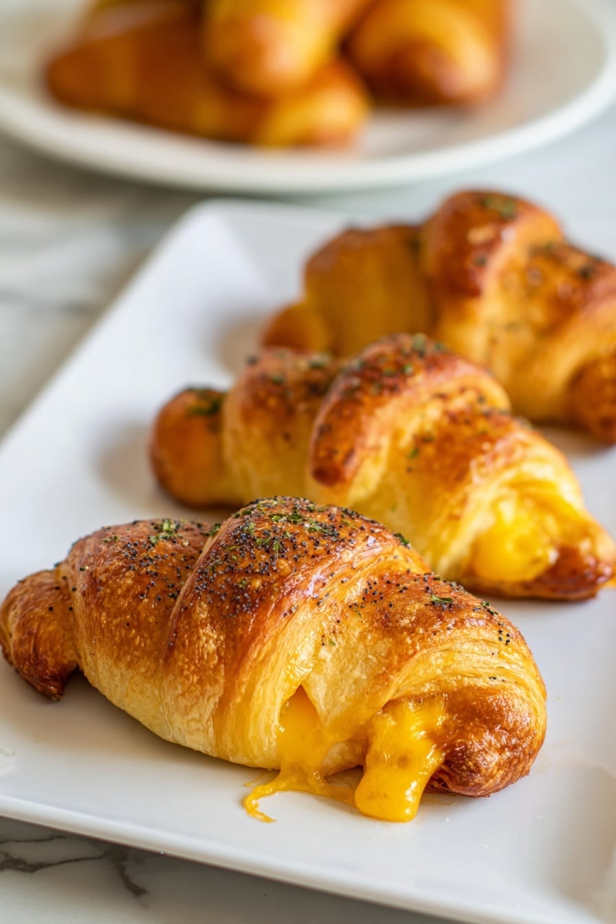 The image shows three golden brown crescent rolls placed side by side on a white rectangular plate. Each roll has a warm, crispy outer layer with a slightly shiny and textured surface, sprinkled with small dark seeds and green herb bits on top. Bright yellow melted cheese is slightly oozing out from the ends of the rolls, adding a gooey contrast to the crispy pastry. In the blurred background, there is another white plate with more crescent rolls. The entire scene is set on a white marbled surface. photo taken with an iphone --ar 2:3 --v 7 - Air Fryer Ham and Cheese Crescent Rolls, ham and cheese crescent rolls, air fryer appetizers, quick savory snacks, easy crescent roll recipes