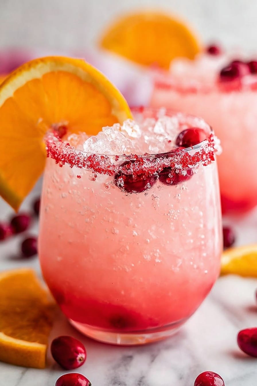 A clear glass filled with crushed ice and a light pink slushy drink inside, with deep red cranberries scattered throughout the ice. The glass rim is coated with bright red sugar crystals, adding a textured border. A clear liquid is being poured into the glass from a transparent pitcher, blending softly with the pink ice. In the background, part of another similar glass is visible, topped with an orange wedge. The whole scene is set on a white marbled surface. photo taken with an iphone --ar 2:3 --v 7 - Sparkling Cranberry Orange Christmas Slush, holiday festive drink, Christmas party beverage, easy holiday slush, bubbly holiday drink
