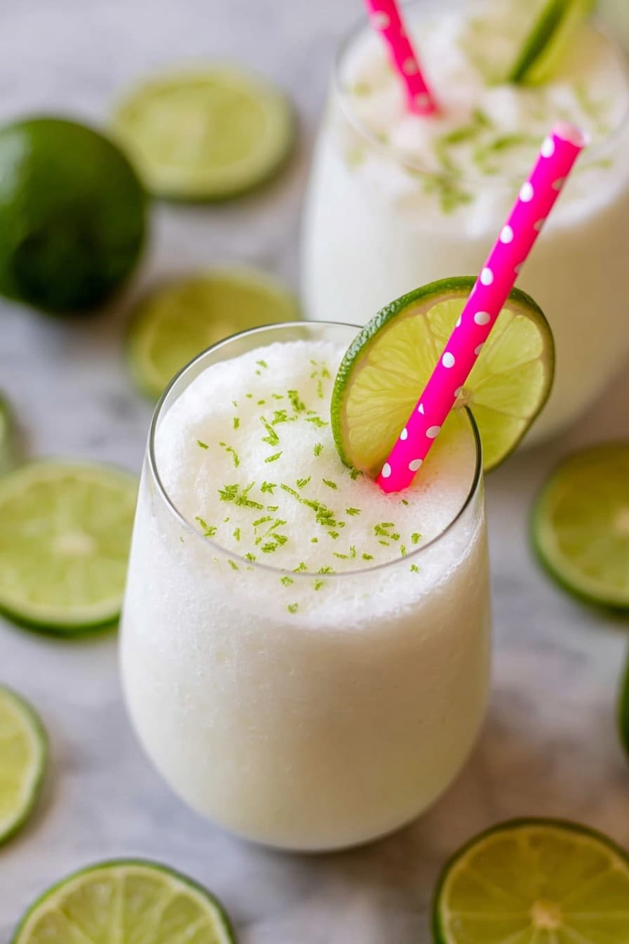 A clear glass is filled with a creamy white frothy drink that has small green bits sprinkled on top. A bright pink straw with white spots stands upright in the middle of the glass. A slice of lime with a green rind and pale yellow inside is placed on the rim of the glass. In the background, another similar glass is visible, along with scattered round slices of lime on a white marbled surface. Photo taken with an iphone --ar 2:3 --v 7 - Brazilian Limeade Brazilian Lemonade, refreshing limeade recipe, easy Brazilian drink, summer citrus beverage, creamy lime beverage
