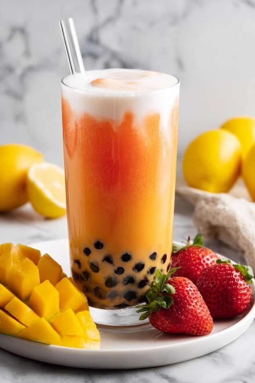 The image shows a clear glass filled with three visible layers: at the bottom, small black tapioca pearls; above that, a thick orange layer of mango tea; on top, a creamy white foam layer with a little swirl mixing into the orange. A clear straw is placed inside the glass. The glass sits on a white plate surrounded by fresh fruits: bright yellow mango slices, red strawberries, and yellow lemons. The background is a white marbled texture. photo taken with an iphone --ar 2:3 --v 7 - Boba Smoothie with Bursting Pearls and Frozen Fruit, refreshing boba smoothie, fruit and pearl blended drink, quick summer smoothie with boba, fun bubble tea-inspired drink