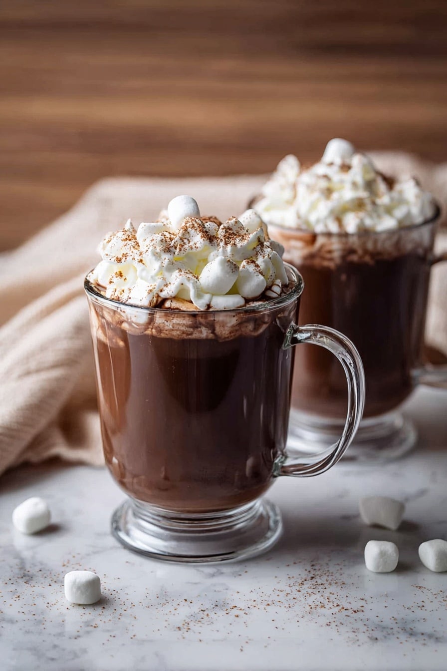 Two clear glass mugs filled with rich brown hot chocolate are placed on a white marbled surface. Each mug shows three layers from bottom to top: the deep, smooth dark brown hot chocolate, a twisted layer of light creamy white whipped cream, and small white marshmallows scattered on the very top. There is a light dusting of cocoa powder over the whipped cream and marshmallows. The clear glass mugs have handles on the right side, and a few marshmallows are scattered around the mugs on the surface. A soft beige cloth is blurry in the background, adding a warm feel to the scene. photo taken with an iphone --ar 2:3 --v 7 - Creamy Hot Cocoa with Vanilla, rich hot chocolate recipes, homemade vanilla hot cocoa, velvety hot cocoa drink, quick hot chocolate recipe