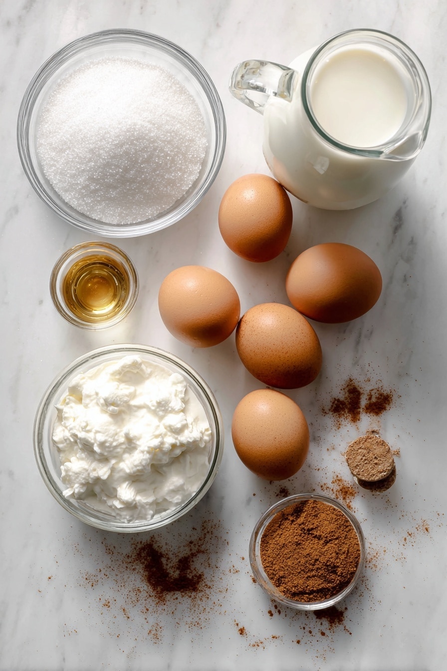 Flat lay of six bright yellow egg yolks nestled together, a small mound of white granulated sugar sparkling under the light, a glass jug filled with thick heavy whipping cream, a clear bottle of whole milk, a small heap of warm brown ground nutmeg, a tiny glass vial of golden vanilla extract, and a delicate scattering of reddish-brown ground cinnamon sprinkled artfully nearby, all arranged on a white marble surface, photo taken with an iphone --ar 2:3 --v 7 - Homemade Eggnog, Eggnog Recipe, Classic Holiday Eggnog, DIY Eggnog, Spiced Eggnog