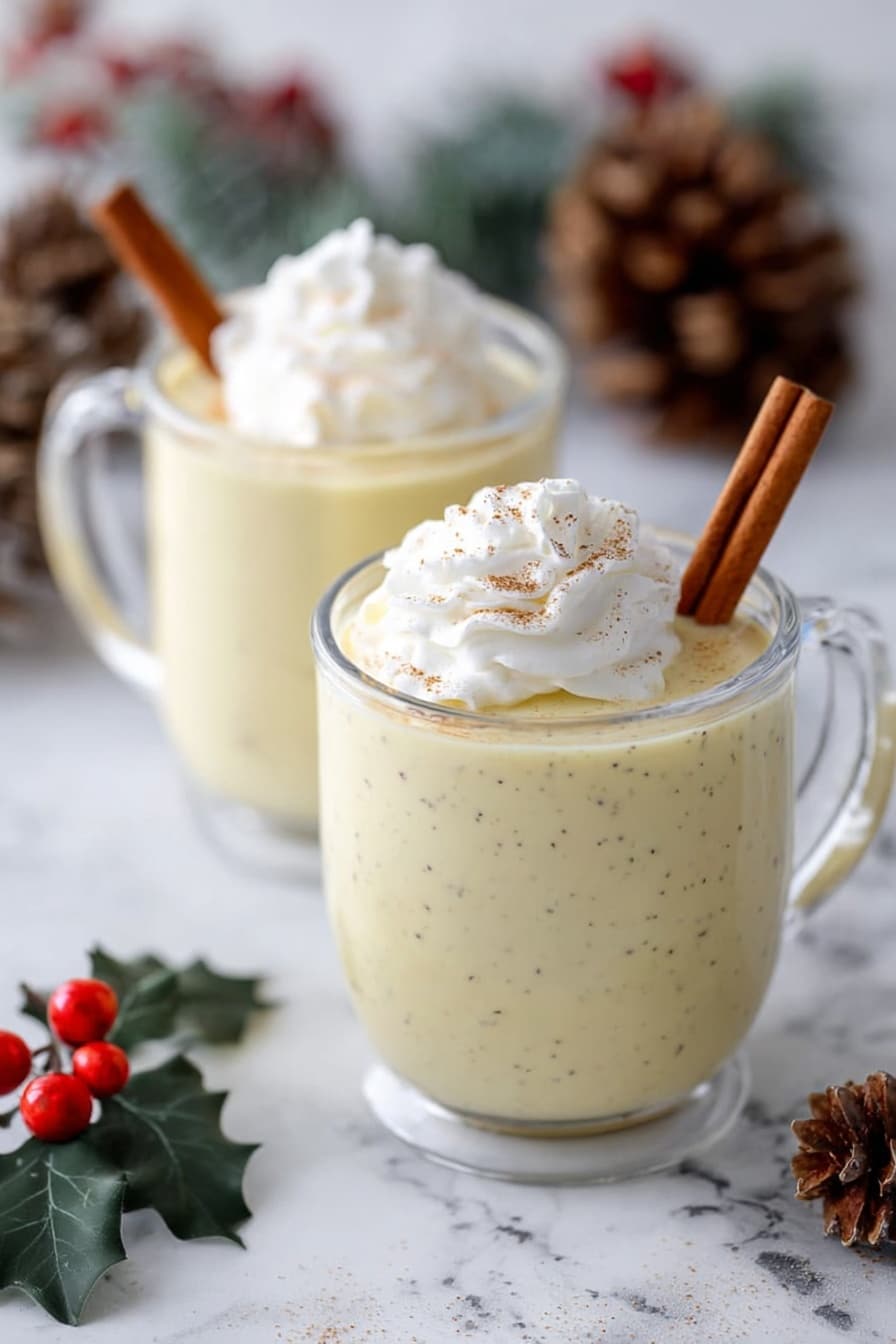 The image shows a clear glass cup filled with a creamy light beige drink that has small dark specks inside. On top, there is a swirl of white whipped cream placed in the center and a cinnamon stick standing upright on one side. A silver spoon with some of the creamy drink on it is hovering above the whipped cream, close to the cup. In the background, there is another similar glass cup filled with the same drink and topped with whipped cream and a cinnamon stick. The drinks are on a white marbled surface, and there are some blurred red berries and pine cones in the background. Photo taken with an iphone --ar 2:3 --v 7 - Homemade Eggnog, Eggnog Recipe, Classic Holiday Eggnog, DIY Eggnog, Spiced Eggnog