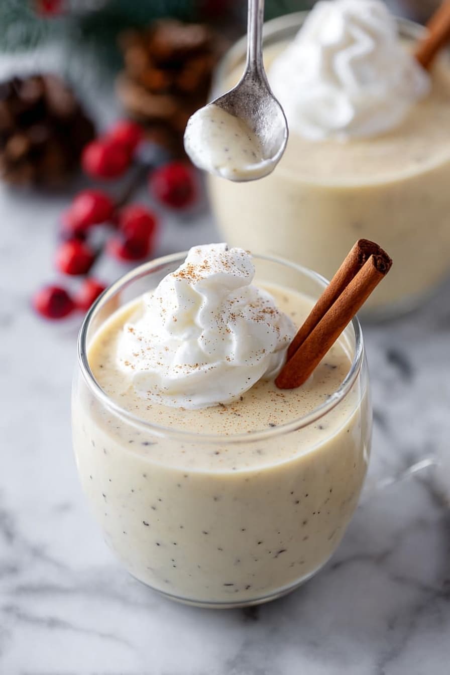 Two clear glass mugs sit on a white marbled surface, each filled with a creamy, pale yellow drink speckled with tiny black dots. Each mug has a swirl of white whipped cream on top, and a cinnamon stick is placed upright inside the drink next to the whipped cream. The background is softly blurred, with a few winter-themed props like a pinecone, green pine leaves, and red berries adding a festive feel. Photo taken with an iphone --ar 2:3 --v 7 - Homemade Eggnog, Eggnog Recipe, Classic Holiday Eggnog, DIY Eggnog, Spiced Eggnog