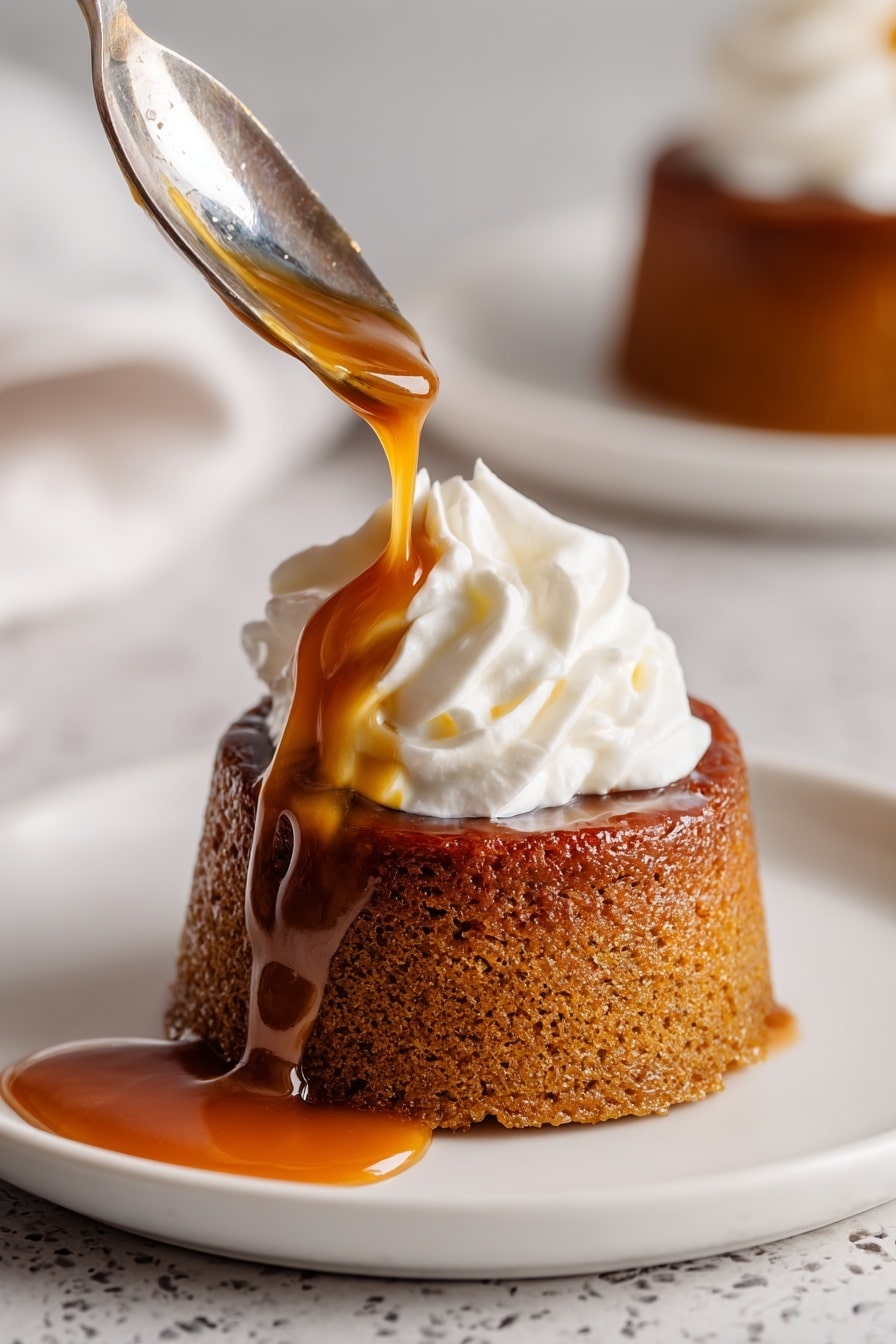 The image shows a small round brown cake with a moist texture sitting on a white plate placed on a white marbled surface. In the first part, golden caramel sauce is being poured over the cake, covering the top and dripping down the sides, pooling on the plate. The second part shows the same cake topped with a swirl of white whipped cream. A silver fork and spoon are positioned above the whipped cream, about to break into it. The cake's surface looks shiny and rich from the caramel and moist inside texture is visible. Photo taken with an iphone --ar 2:3 --v 7 - Sticky Toffee Pudding with Butterscotch Sauce, best sticky toffee pudding, easy to make sticky toffee pudding, delicious toffee pudding recipe, comfort dessert recipes