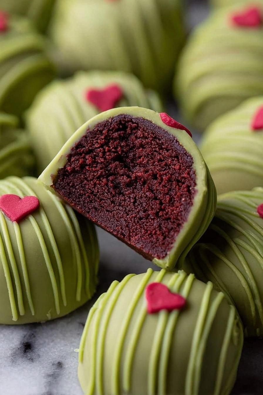 The image shows small round treats with two layers: a dark reddish-brown inner cake layer and a smooth light green outer coating. The outer layer is decorated with thin green lines drizzled across the top and a small red heart shape on some of the treats. One treat is cut in half, showing the dense texture of the dark inner layer surrounded by the solid green coating. The treats are packed closely together on a surface with a white marbled texture. Photo taken with an iphone --ar 2:3 --v 7 - Grinch Oreo Balls Red Velvet Oreos Holiday Treats Festive Oreo Balls Green and Red Christmas Candy