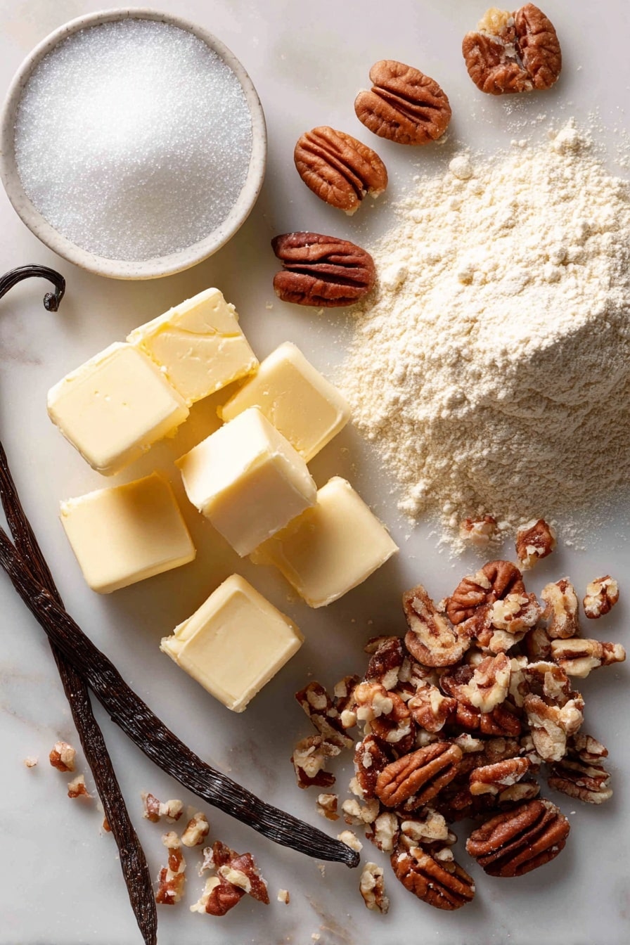 Flat lay of softened unsalted butter cut into smooth cubes, a small pile of granulated sugar sparkling softly, whole and chopped pecans scattered with rich brown and golden hues, a neat mound of all-purpose flour with a delicate powdery texture, a vanilla bean pod with glossy seeds visible inside, and a fine dusting of powdered sugar gently sprinkled around, placed on a white marble surface, photo taken with an iphone --ar 2:3 --v 7 - Buttery Pecan Snowball Cookies, festive snowball cookie recipe, easy pecan cookies, melt-in-your-mouth holiday cookies, nutty buttery cookie recipe