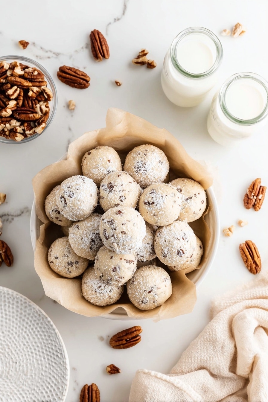 A round white bowl lined with light brown parchment paper holds about twenty small, round cookies dusted lightly with white powdered sugar. The cookies have a pale beige color with small brown bits visible inside. Around the bowl, on a white marbled surface, there are scattered whole brown pecans and a clear small glass bowl filled with more pecans. Next to the bowl, there are two small clear glass bottles filled with white milk, and in the upper right corner, a stack of white textured plates. A soft beige cloth napkin sits at the bottom right edge of the image. The photo taken with an iphone --ar 2:3 --v 7 - Buttery Pecan Snowball Cookies, festive snowball cookie recipe, easy pecan cookies, melt-in-your-mouth holiday cookies, nutty buttery cookie recipe