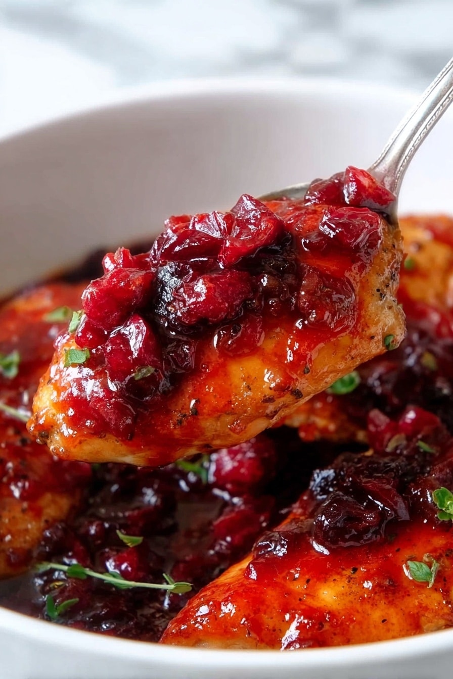 A close-up of a golden cooked chicken piece covered in shiny red cranberry sauce with small chunks of cranberries on top, held by a spoon over a white bowl filled with the same sauce and chicken pieces. There are small green herb leaves sprinkled on the chicken and sauce, with the inside edge of the white bowl visible. The background shows a soft white marbled surface. Photo taken with an iphone --ar 2:3 --v 7 - Skillet Orange Cranberry Chicken, Orange Cranberry Chicken, Easy Chicken Dinner, Holiday Chicken Recipes, Quick Weeknight Chicken