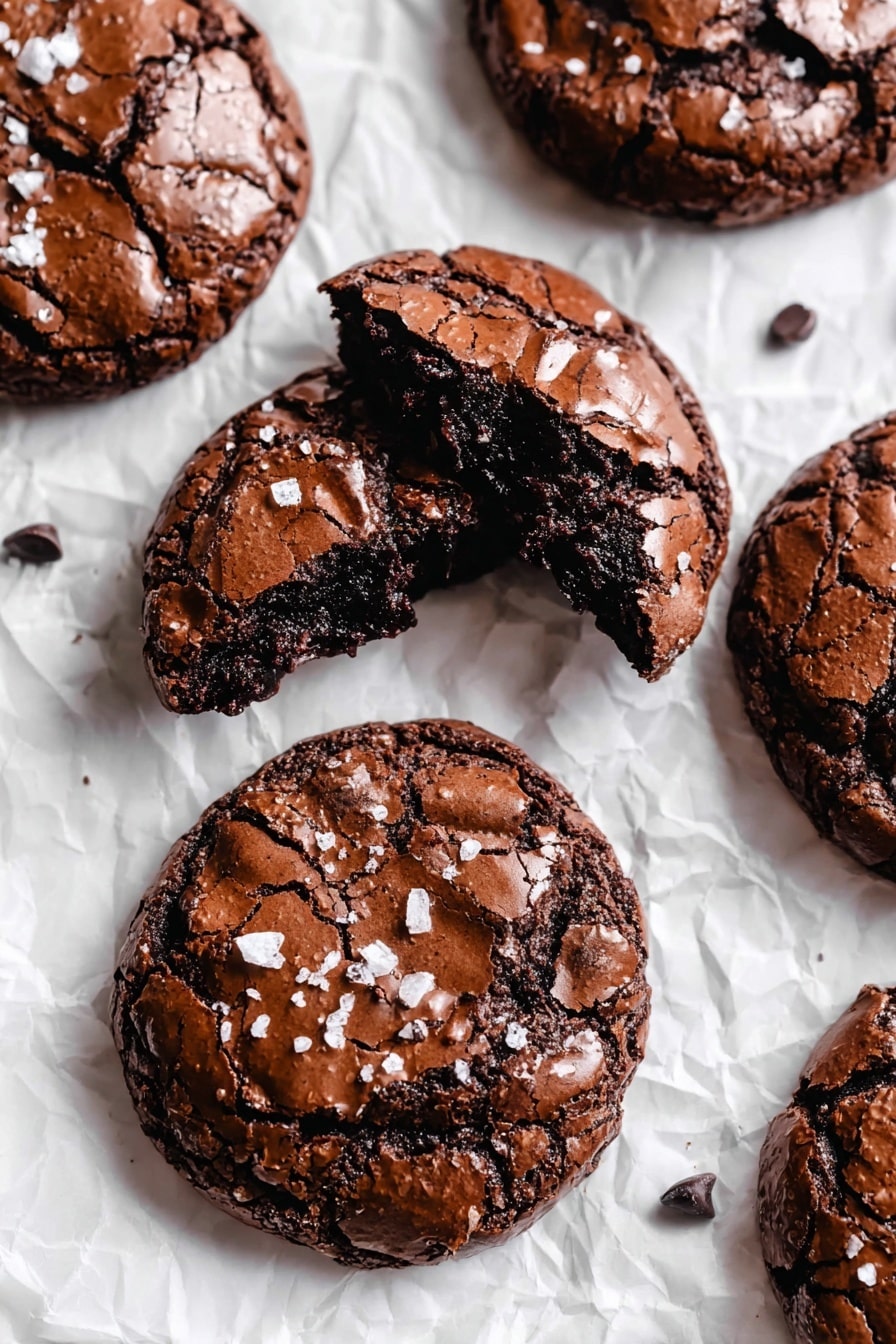 The image shows a close-up of a dark brown chocolate cookie with a shiny, cracked top layer sprinkled with coarse sea salt. The cookie has a thick, dense texture with a rich, moist inside visible from a small section broken off, showing a deep, almost black chocolate color. Surrounding the main cookie are more similar cookies and a few small round chocolate pieces scattered on crinkled white parchment paper over a white marbled surface. The overall look is rustic and inviting with highlights on the glossy, uneven cookie surface. Photo taken with an iphone --ar 2:3 --v 7 - Fudgy Chewy Brookies, brookies recipe, best chocolate chip brownies and cookies, fudgy brownies with chewy edges, easy brookies dessert