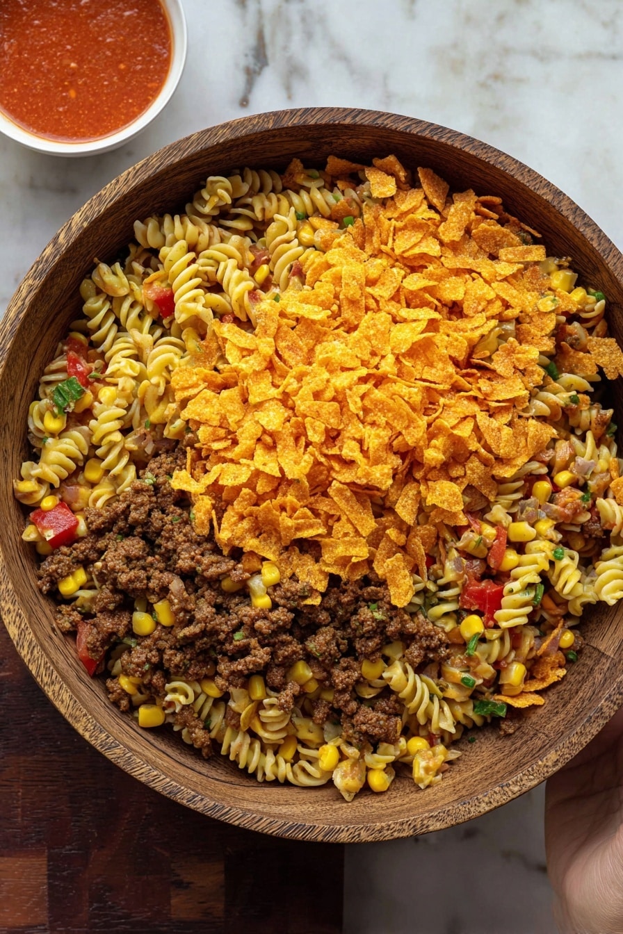 A wooden bowl filled with a colorful pasta salad, showing three main layers: at the bottom is a mix of spiral pasta with pieces of browned ground meat, yellow corn kernels, and small red bell pepper cubes; the middle layer is more pasta with the same ingredients mixed in, creating a textured look with varied colors of yellow, red, and brown; the top layer is a large mound of crushed orange chips crushed into small pieces covering the center. A small white bowl with red sauce sits on the white marbled surface next to the bowl, and a woman's hand is visible on the right edge holding the bowl. photo taken with an iphone --ar 2:3 --v 7 - Taco Pasta Salad, Taco Pasta Salad Recipe, Easy Taco Pasta Salad, Quick Taco Pasta Salad, Crowd-Pleasing Taco Pasta Salad