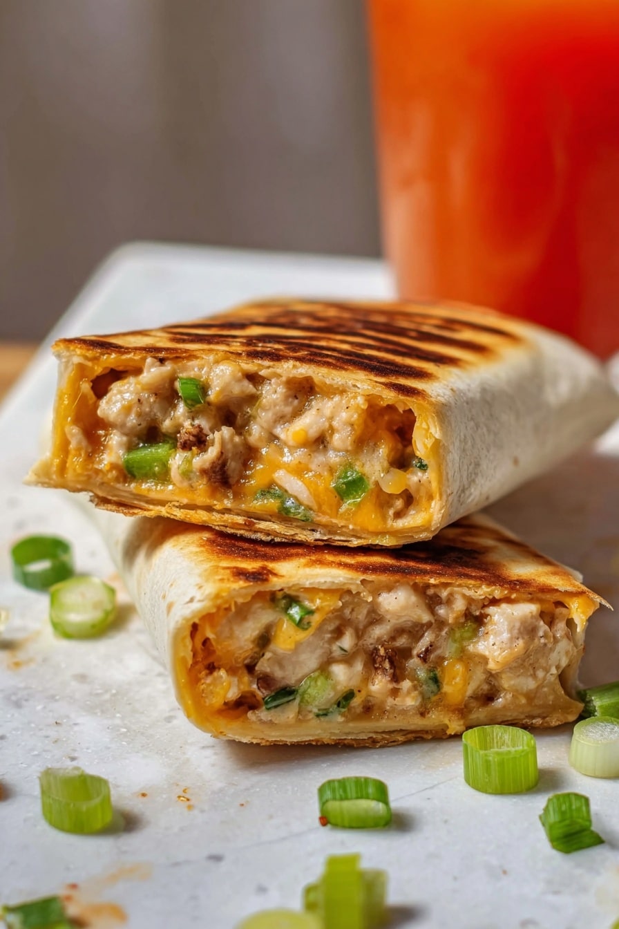 The image shows two halves of a toasted wrap stacked on a white marbled surface with some green scallion pieces scattered around. The wrap’s outside is golden brown with grill marks, showing a slightly crispy texture. Inside, there are three visible layers: the top layer has creamy light beige chicken mixed with small bits of green scallion, the middle layer is melted orange cheddar cheese, and the bottom layer has more chopped green scallions, adding a fresh look. In the background, there is a blurred orange-red drink. photo taken with an iphone --ar 2:3 --v 7 - Cheesy Garlic Chicken Wraps, easy chicken wraps, quick dinner ideas, garlic chicken wraps, cheesy lunch recipes