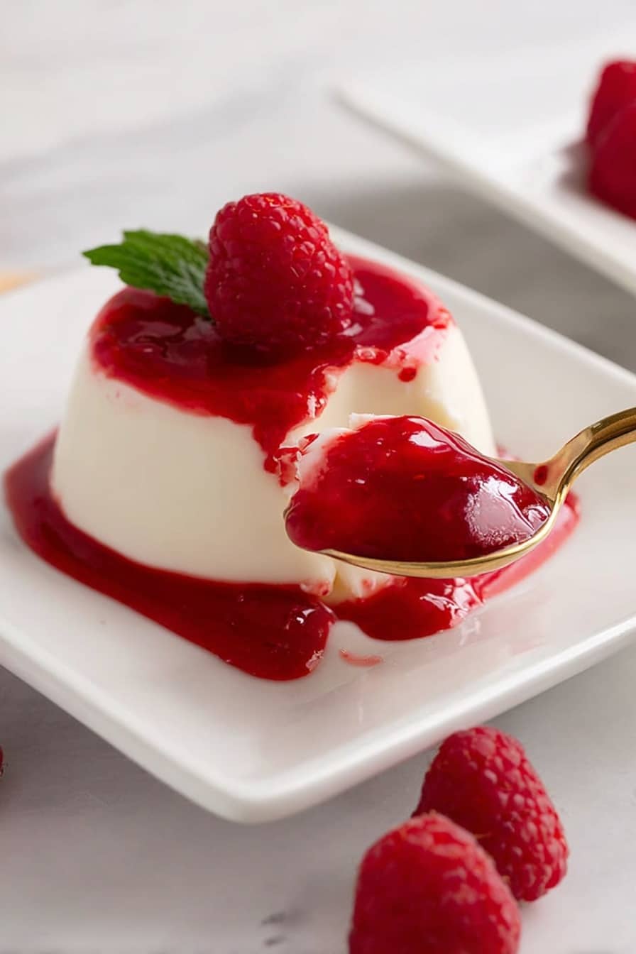 A single-layer dessert sits on a white square plate with a smooth, creamy white panna cotta base topped with a glossy, bright red raspberry sauce that slightly drips down the sides. A fresh raspberry and a small green mint leaf sit on top of the sauce, adding texture and color contrast. A gold spoon holds a scoop of panna cotta and sauce, captured mid-air in front of the dessert. Three fresh raspberries are scattered around on a white marbled surface underneath the plate. The scene is softly lit with a clean, simple look. photo taken with an iphone --ar 2:3 --v 7 - Classic Vanilla Panna Cotta with Raspberry Sauce, vanilla panna cotta, raspberry sauce dessert, Italian panna cotta recipe, easy elegant desserts