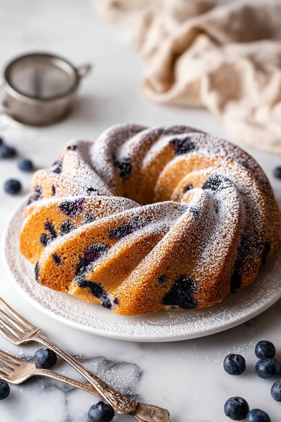 A golden brown bundt cake with a twisted swirl shape, speckled with dark blueberries throughout, sitting on a white plate. The cake is dusted with a light layer of powdered sugar that highlights the ridges of the swirl. Around the plate on a white marbled surface are scattered fresh blueberries, with a beige cloth and a metal tea strainer blurred in the background. Two vintage silver forks rest near the plate, adding a rustic touch. Photo taken with an iphone --ar 2:3 --v 7 - Blueberry Sour Cream Coffee Cake, Blueberry Coffee Cake, Sour Cream Cake Recipe, Blueberry Breakfast Cake, Cinnamon Walnut Coffee Cake