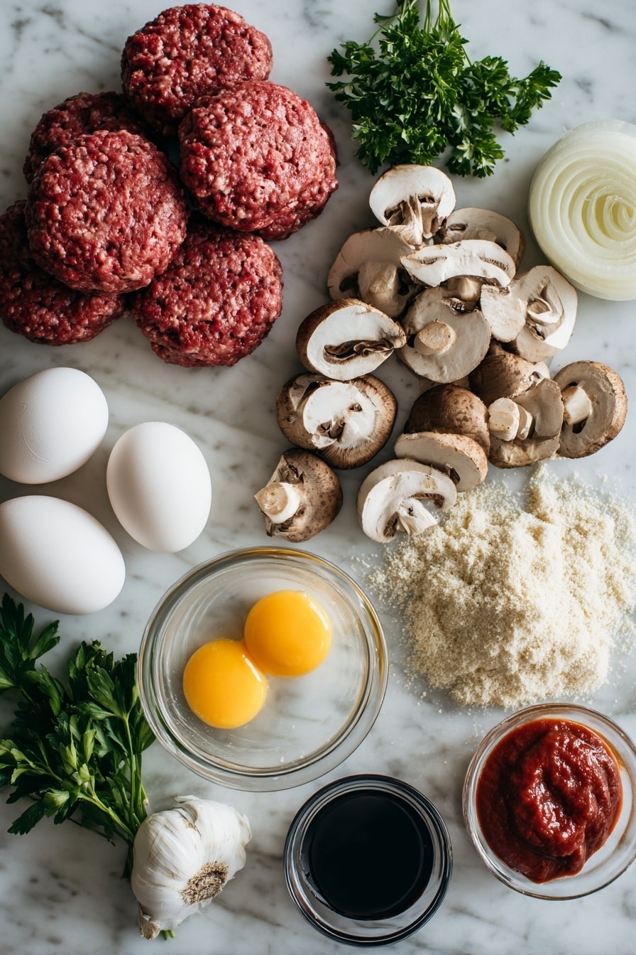 Flat lay of fresh lean ground beef shaped into patties, large sweet onion sliced into rings, brown mushrooms sliced, whole garlic cloves, small heap of Italian breadcrumbs, two large eggs, dollop of rich tomato paste, fresh chopped parsley sprinkled artistically, and a small glass of dark Worcestershire sauce, all beautifully arranged on a white marble surface, photo taken with an iphone --ar 2:3 --v 7 - Homestyle Salisbury Steaks in Rich Mushroom Gravy, Salisbury Steaks recipe, mushroom gravy recipe, comforting beef dinner, hearty homemade Salisbury Steaks