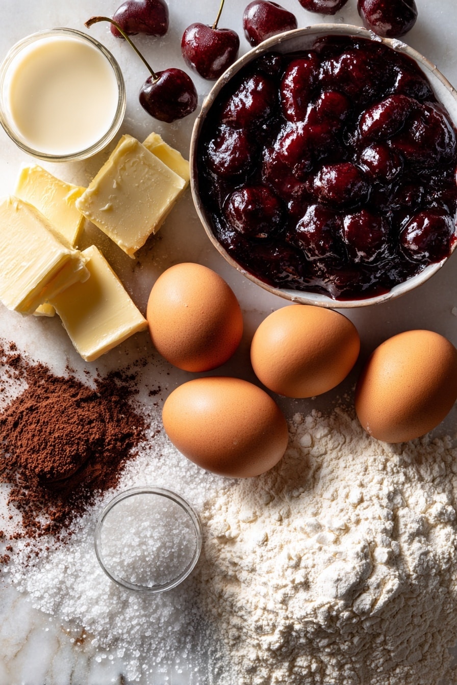 Flat lay of rich salted butter blocks, glossy deep red cherry pie filling spilling from open cans, smooth dark cocoa powder in a small heap, fluffy white granulated sugar crystals, pale creamy buttermilk in a clear glass, golden brown eggs with smooth shells, fine all-purpose flour dusted carefully, and a tiny jar of pure vanilla extract, all beautifully arranged with careful spacing and natural light highlighting their textures, placed on a white marble surface, photo taken with an iphone --ar 2:3 --v 7 - Aunt Becky’s Black Forest Cherry Cake, Black Forest Cherry Cake, Cherry Chocolate Cake, Old-Fashioned Cherry Cake, Classic Black Forest Dessert