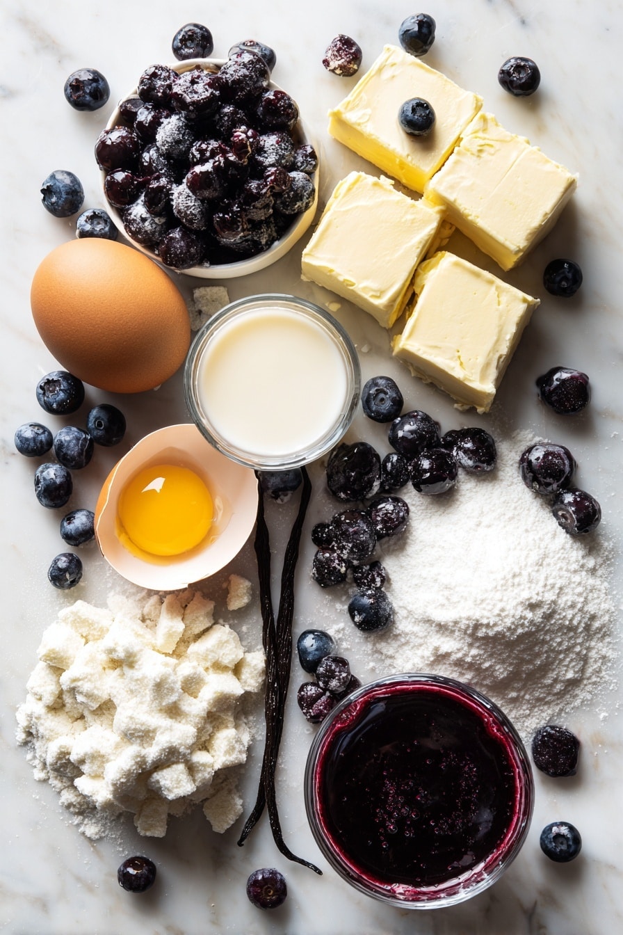 Flat lay of fresh wild blueberries scattered around, cubes of cold salted butter, a cracked open vanilla bean showing seeds, a small pile of coarse sanding sugar crystals, a heap of powdered sugar dusted gently, a split large brown egg with yolk visible, a small glass of heavy cream, and a drizzle of deep purple blueberry juice pooling slightly, all beautifully arranged with careful spacing and natural light, placed on a white marble surface, photo taken with an iphone --ar 2:3 --v 7 - Maine Wild Blueberry Scones, Blueberry Scone Recipe, Fresh Blueberry Scones, Flaky Blueberry Scones, Homemade Blueberry Scones