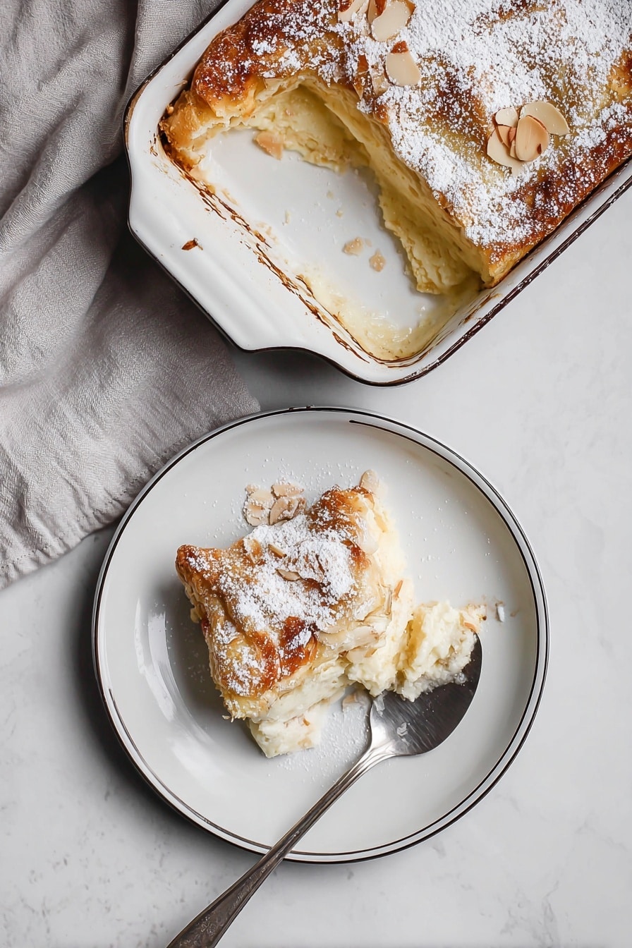 The image shows a piece of baked pastry served on a white plate with a thin dark rim. The pastry is golden brown and slightly puffed, covered with a light dusting of white powdered sugar and topped with thin almond slices. The baked texture is soft and fluffy with some darker browned edges on top. Next to the plate is a white baking dish with a dark rim, from which a large rectangular portion of the same dessert has been taken out. The dish holds the rest of the pastry, which shows a creamy pale inside with a browned golden top layer. A silver serving spatula lies in the baking dish on a soft, light gray cloth, with the entire scene set on a white marbled surface. photo taken with an iphone --ar 2:3 --v 7 - Creme Brulee-inspired French Toast Casserole, decadent French toast bake, caramelized breakfast casserole, weekend brunch ideas, make-ahead French toast