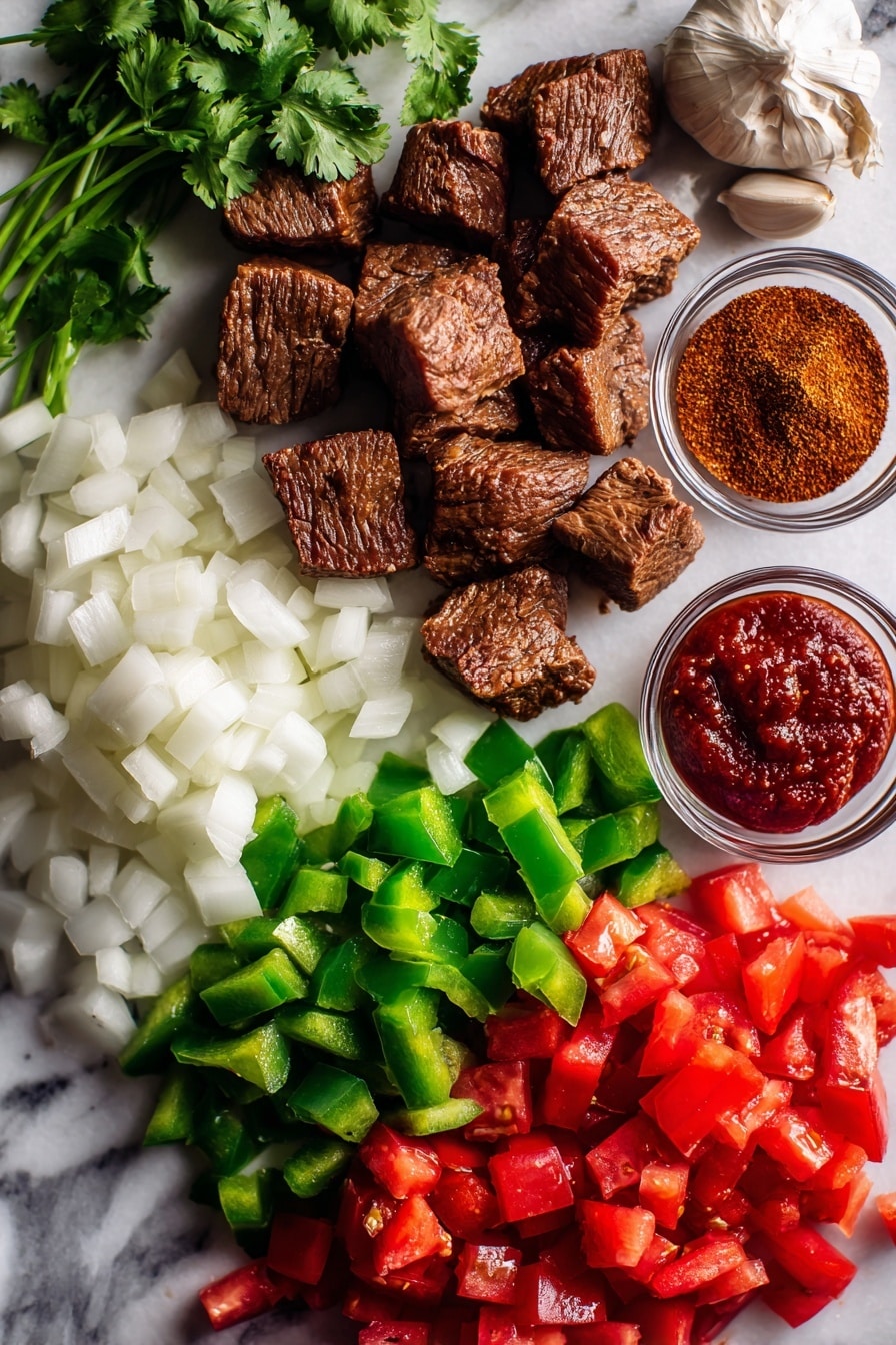 Flat lay of seared beef cubes with a rich brown crust, chopped white onions, vibrant green bell pepper pieces, minced garlic cloves, bright red diced roma tomatoes, a small pile of ground cumin and chili powder, a dollop of deep red tomato paste, and fresh green chopped cilantro leaves, all beautifully arranged on a white marble surface, photo taken with an iphone --ar 2:3 --v 7 - Hearty Carne Guisada, Carne Guisada with Tender Beef, Spiced Tomato Gravy Recipe, Slow Cooker Carne Guisada, Comforting Beef Stew Recipe