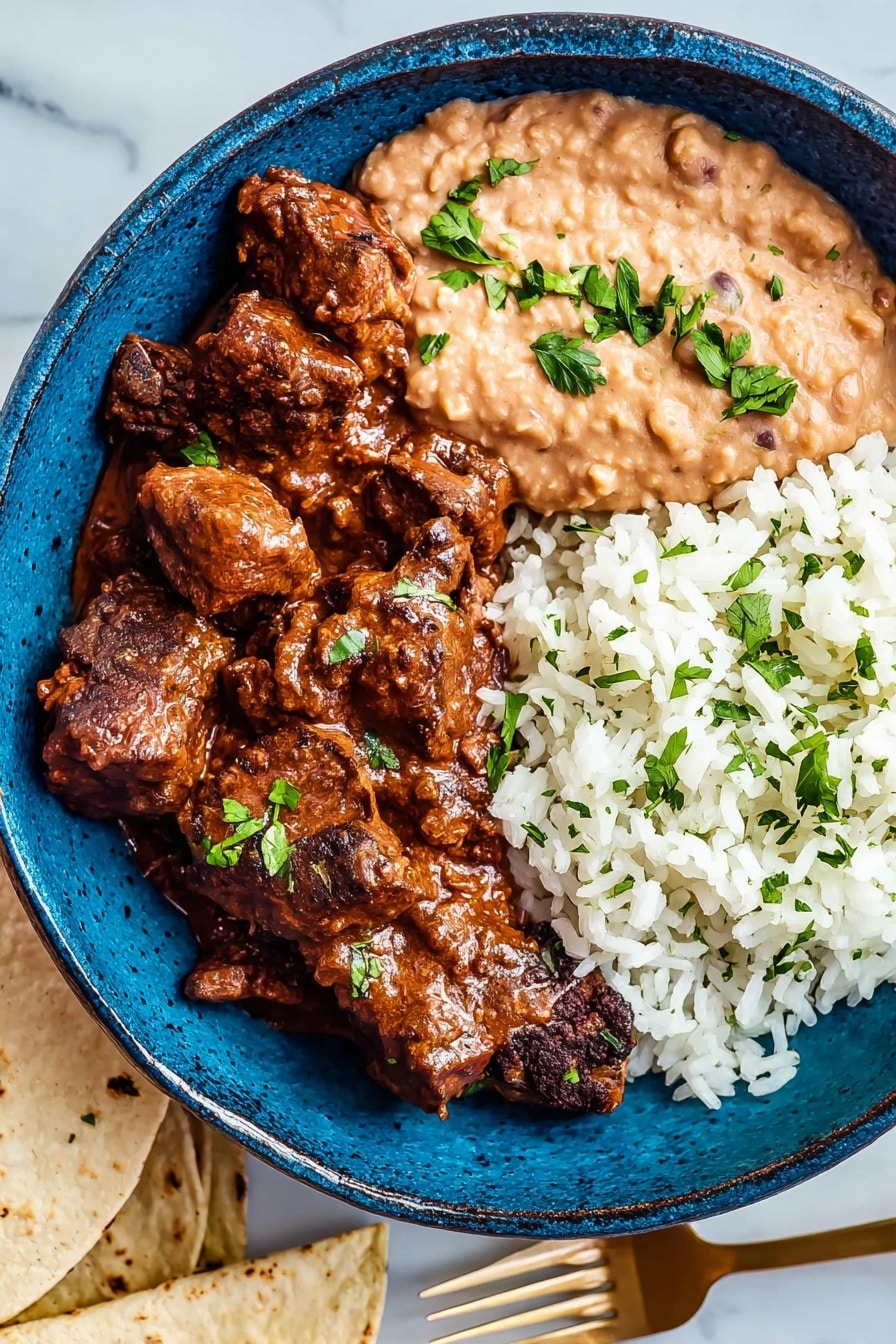 A blue bowl filled with three layers of food on a white marbled surface: on the right side, a mound of fluffy white rice sprinkled with chopped green herbs; on the top left, a smooth layer of light brown refried beans with a few green herb pieces on top; and covering the bottom and left side, chunks of dark brown meat in a thick, rich sauce, also garnished with small green herb leaves; a white tortilla is partially visible next to the bowl, along with a gold fork nearby. Photo taken with an iphone --ar 2:3 --v 7 - Hearty Carne Guisada, Carne Guisada with Tender Beef, Spiced Tomato Gravy Recipe, Slow Cooker Carne Guisada, Comforting Beef Stew Recipe