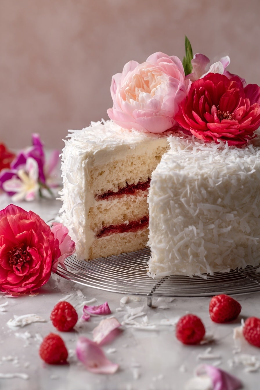 The image shows a two-layer white cake with creamy white frosting on the outside, covered lightly with white coconut flakes. Between the layers, there is a red fruit filling spread evenly. The cake is topped with three large flowers in shades of pink and red. The cake sits on a round wire rack on a white marbled surface with scattered coconut flakes and raspberries around. Photo taken with an iphone --ar 2:3 --v 7 - Raspberry Swirl Coconut Snowball Cake, coconut cake with raspberry swirl, tropical coconut dessert, creamy coconut cake, raspberry coconut layered cake