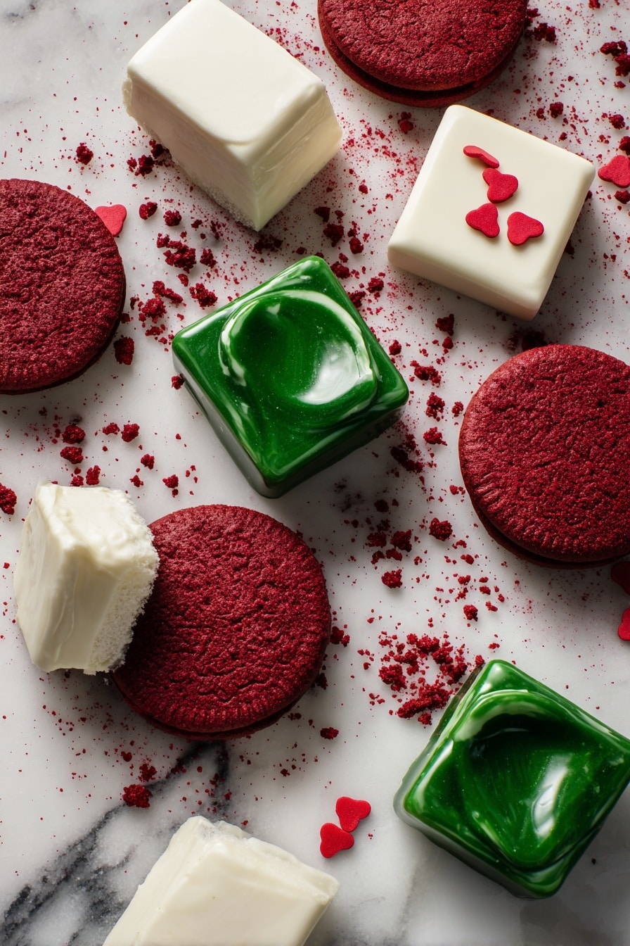 Flat lay of vibrant red velvet Oreo cookies, creamy white cream cheese blocks, glossy green candy melts in smooth, melted form, and small bright red heart sprinkles, all beautifully arranged with some crushed Oreo crumbs scattered artistically around, placed on a white marble surface, photo taken with an iphone --ar 2:3 --v 7 - Grinch Oreo Balls Red Velvet Oreos Holiday Treats Festive Oreo Balls Green and Red Christmas Candy