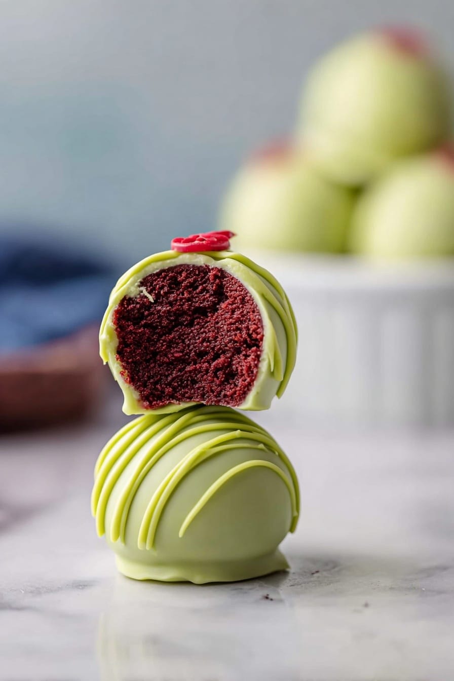 The image shows two round cake balls stacked on a white marbled surface; the bottom ball is fully coated in smooth, light green icing with thin green icing lines drizzled over it, while the top ball is cut in half to reveal a moist, dark red interior and is coated in the same light green icing with green drizzle and a small red decoration on top. The background is soft and blurred with a white bowl of green fruits visible, giving a clean and simple look. Photo taken with an iphone --ar 2:3 --v 7 - Grinch Oreo Balls Red Velvet Oreos Holiday Treats Festive Oreo Balls Green and Red Christmas Candy
