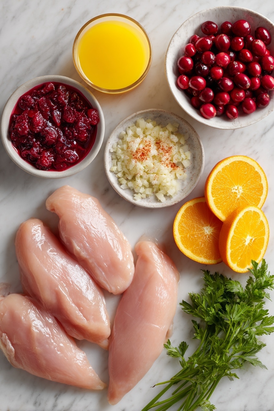 Flat lay of boneless skinless chicken breasts, sweet finely chopped onions, minced garlic cloves, fresh whole berry cranberry sauce with vibrant red berries, freshly squeezed orange juice in a small glass container, bright orange slices, a small pile of seasoned flour dusted lightly, a scattering of paprika powder, and fresh green parsley sprigs, all beautifully arranged on a white marble surface, photo taken with an iphone --ar 2:3 --v 7 - Skillet Orange Cranberry Chicken, Orange Cranberry Chicken, Easy Chicken Dinner, Holiday Chicken Recipes, Quick Weeknight Chicken