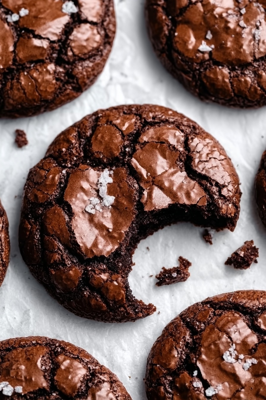 The image shows several round chocolate cookies with a cracked, shiny surface, arranged closely on white parchment paper over a white marbled texture. One cookie, in the center, has a bite taken out, revealing a soft, dark and moist inside. Small crumbs are scattered around this cookie, adding a natural feel. The cookies are dark brown with a slightly rough texture on top and smooth edges. The light highlights the shiny, cracked surface of the cookies, making them look rich and fresh. photo taken with an iphone --ar 2:3 --v 7 - Fudgy Chewy Brookies, brookies recipe, best chocolate chip brownies and cookies, fudgy brownies with chewy edges, easy brookies dessert