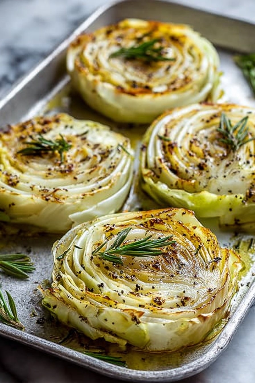 The image shows five round slices of roasted cabbage on a silver tray placed on a white marbled surface. Each cabbage slice has distinct layers with pale green and white leaves, slightly browned and crispy edges showing light caramelization. The top of each slice is sprinkled with black pepper and herbs, and a small green sprig of rosemary or thyme sits on top of each cabbage round. Around the cabbage slices are a few extra green herb sprigs scattered on the tray, adding a fresh touch. The tray has a shiny metal texture and some oil glistens on its surface, highlighting the roasted look of the cabbage. photo taken with an iphone --ar 2:3 --v 7 - Oven Roasted Garlic Cabbage Steaks, roasted cabbage recipes, healthy cabbage side dishes, garlic seasoned cabbage, vegetarian roasted vegetable dishes