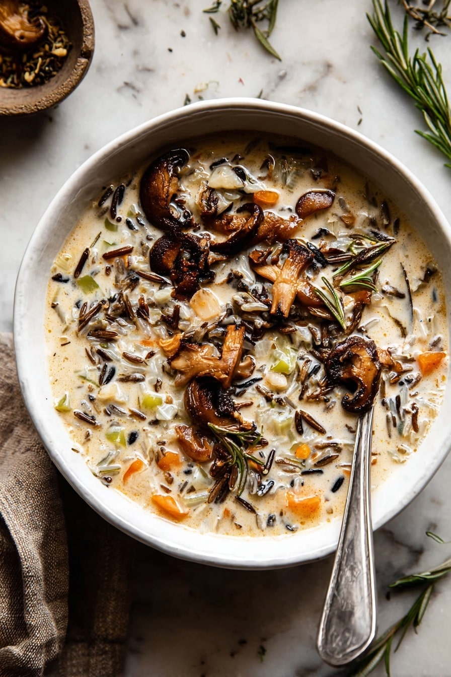 A white bowl filled with creamy soup that has visible layers of wild rice and small pieces of orange carrot and celery at the base, topped with dark brown cooked mushrooms with crispy edges and sprigs of green rosemary scattered on top, a silver spoon resting on the right side inside the bowl, the whole scene is set on a white marbled surface photo taken with an iphone --ar 2:3 --v 7 - Creamy Wild Rice Chicken Soup with Roasted Mushrooms, Wild Rice Chicken Soup, Comforting Chicken and Wild Rice Soup, Creamy Mushroom Chicken Soup, Hearty Chicken and Rice Soup