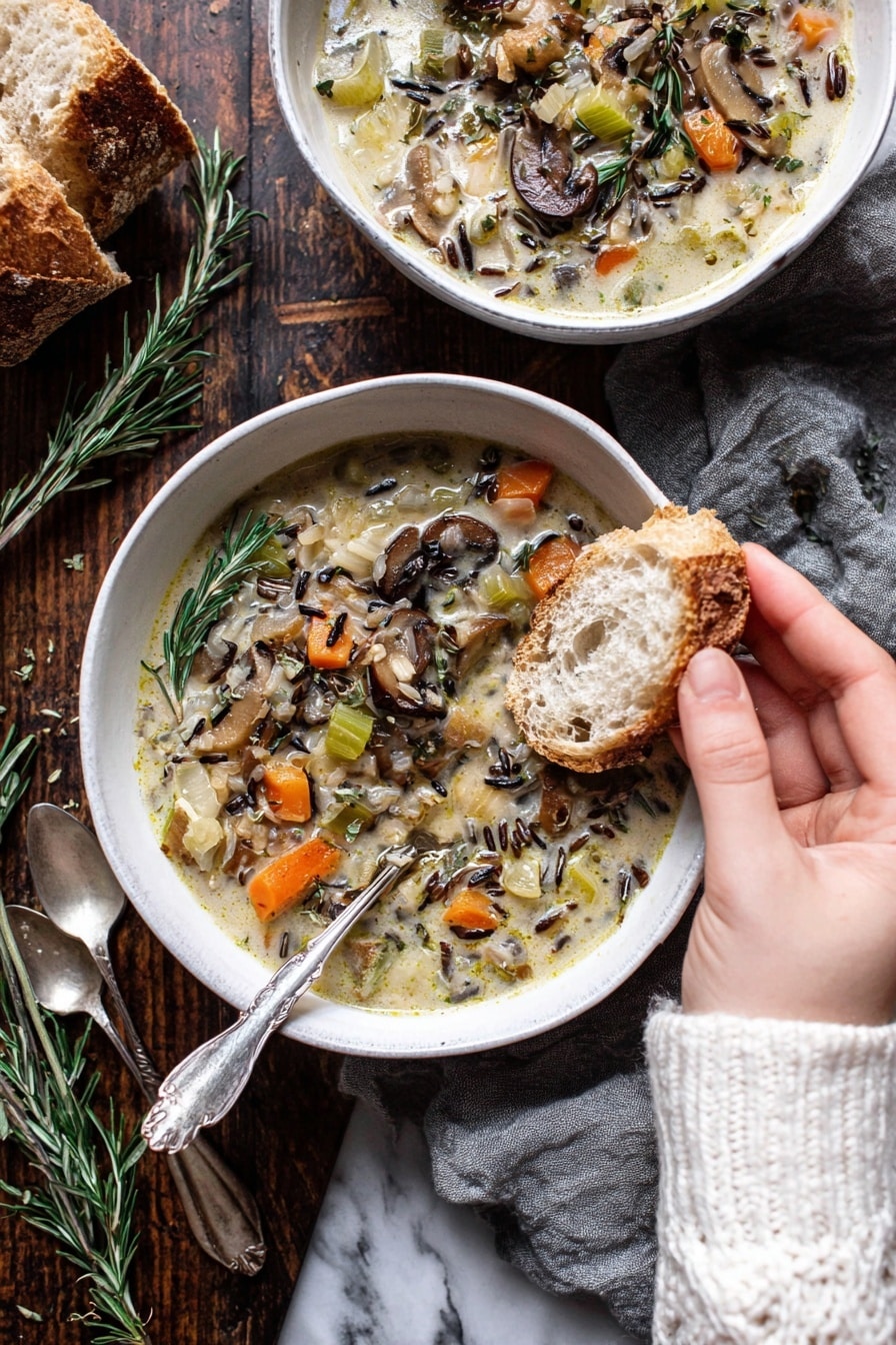 A white bowl filled with a creamy soup with visible layers of wild rice, orange carrot chunks, green celery pieces, and brown mushrooms on top. The surface of the soup is textured with fresh green rosemary sprigs and a light drizzle of oil. A silver spoon rests inside the bowl, and a woman's hand in a white knitted sweater holds the bowl while dipping a torn piece of airy, crusty bread into the soup. Next to the bowl is another similar bowl with the same soup and a couple of silver spoons on a dark wooden surface with a grey cloth and green rosemary sprigs in the background replaced by white marbled texture. photo taken with an iphone --ar 2:3 --v 7 - Creamy Wild Rice Chicken Soup with Roasted Mushrooms, Wild Rice Chicken Soup, Comforting Chicken and Wild Rice Soup, Creamy Mushroom Chicken Soup, Hearty Chicken and Rice Soup