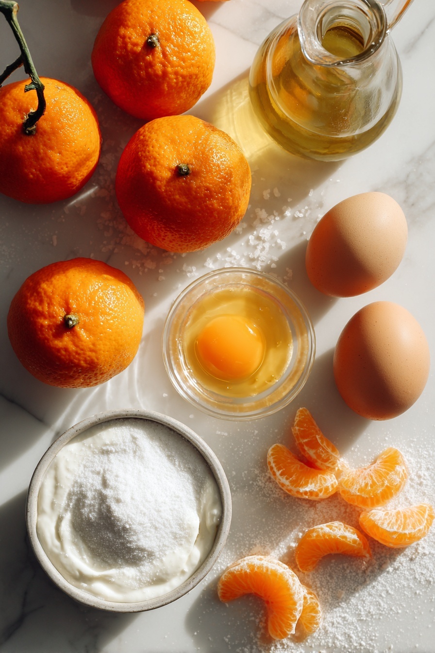 Clementine Cake with Citrus Glaze Recipe 6 Flat lay of whole bright clementines, thin delicate clementine slices, a small pile of granulated sugar crystals, a mound of sifted powdered sugar, a glass jug of golden olive oil, two large brown eggs, a small bowl of creamy white yogurt, and a splash of vibrant clementine juice -- all beautifully arranged with soft natural lighting emphasizing their fresh textures and vivid colors, placed on a white marble surface, photo taken with an iphone --ar 2:3 --v 7 - Clementine Cake with Citrus Glaze, citrus cake dessert, easy citrus cake recipe, moist clementine cake, citrus glaze cake