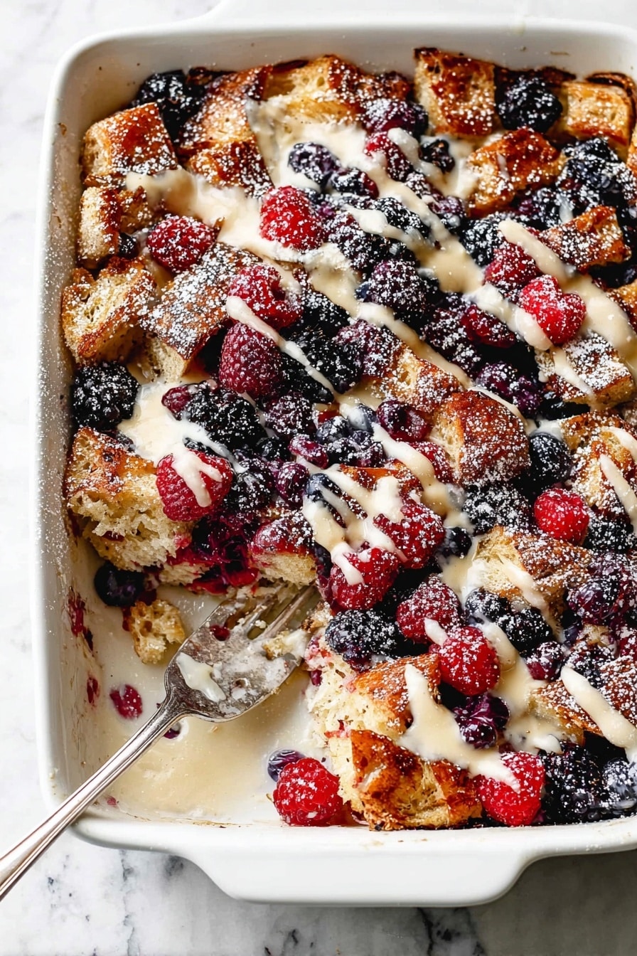 The image shows a white baking dish on a white marbled surface, filled with a baked dessert that has three main layers. The bottom layer is golden-brown toasted bread pieces, creating an uneven textured base. On top of this, there is a thick layer of mixed berries, including vibrant red raspberries, dark blackberries, and deep blue blueberries scattered evenly across. Over the berries, a creamy beige sauce is drizzled in a loose zigzag pattern, adding a soft contrast to the bright berries and golden bread. Some powdered sugar is lightly dusted over the top, giving a snowy white finish. A silver fork rests inside the empty corner of the dish where a piece of the dessert was removed, showing the cross-section layers of the bread and berries. Photo taken with an iphone --ar 2:3 --v 7 - Sweet Breakfast Casserole with Croissants and Lemon Berry Glaze, breakfast casserole with croissants, berry breakfast bake, lemon glaze breakfast dish, easy brunch casserole