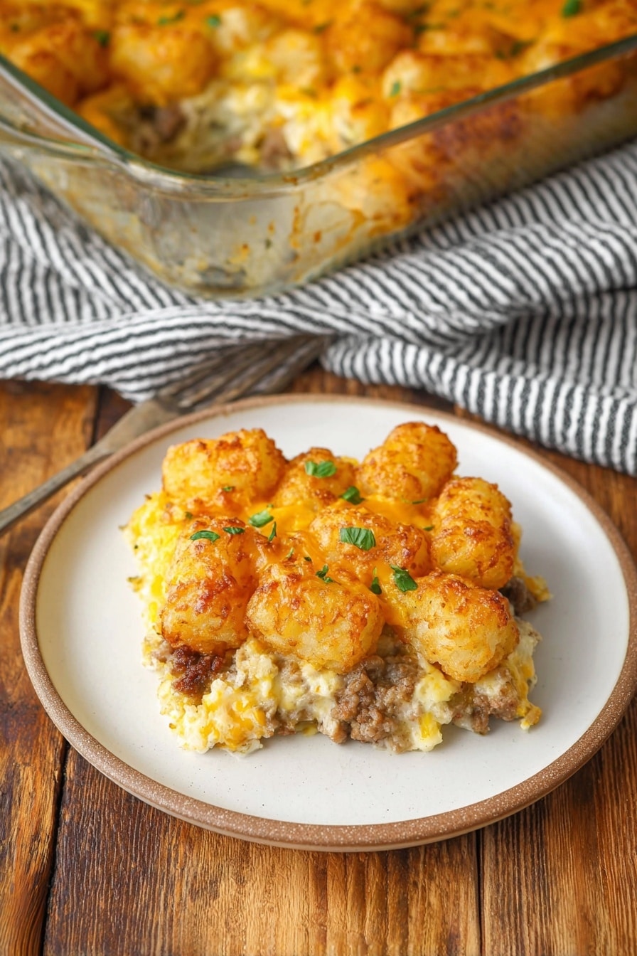 A square serving of baked casserole is placed on a round white plate with a light brown rim, set on a wooden surface. The casserole has a top layer of golden-brown crispy tater tots, melted cheese with a slightly browned texture, and small green herb pieces sprinkled on top. Underneath the crispy tater tots, there is a creamy yellowish layer mixed with bits of cooked ground meat. Behind the plate, part of a rectangular glass baking dish filled with the same casserole is visible, sitting on a striped black and white cloth on the wooden surface. The overall colors in the dish range from golden orange to yellow, beige, and green accents from herbs. Photo taken with an iphone --ar 2:3 --v 7 - Tater Tot Breakfast Casserole with Sausage and Cheese, cheesy breakfast casserole, easy breakfast casserole recipe, make-ahead breakfast casserole, hearty breakfast dish